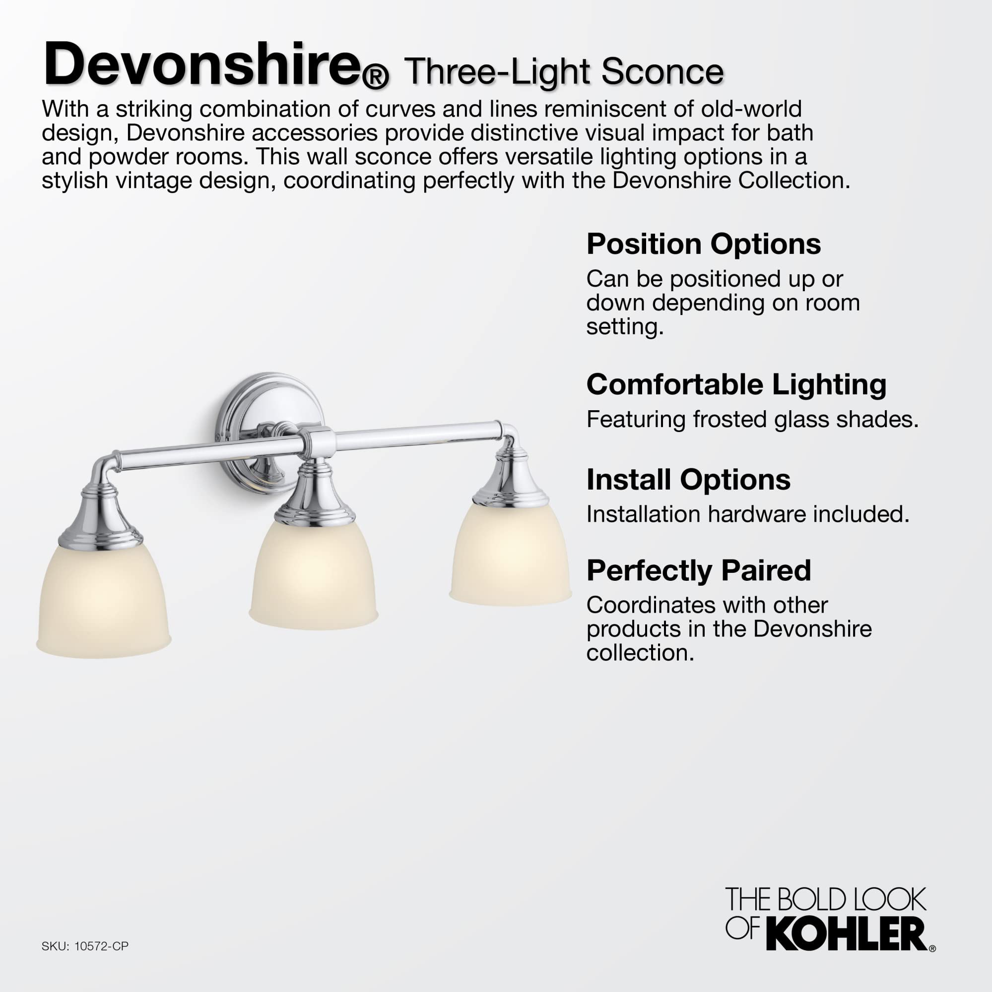Kohler Devonshire Bathroom Vanity Light Fixture, Wall Sconce Lighting, Position Facing Up or Down, UL Listed, 3 Light, Oil Rubbe