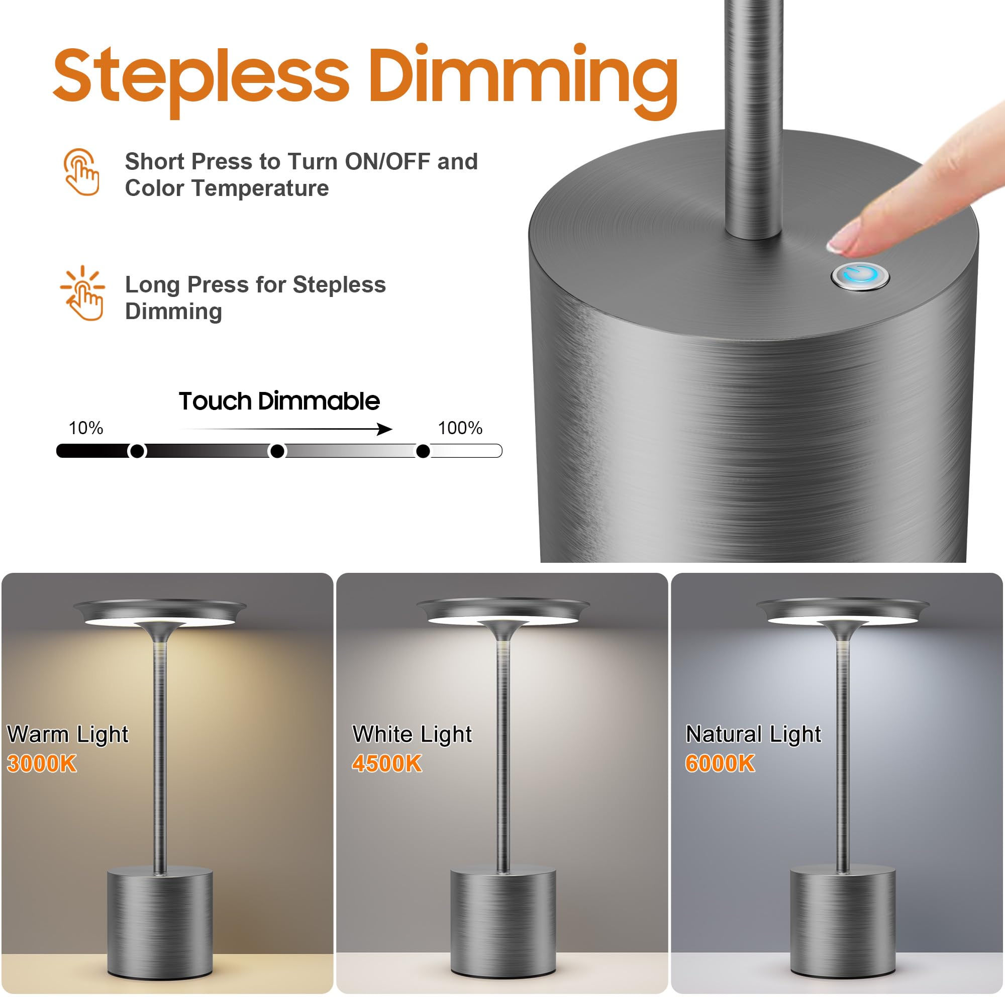 Sikevht Cordless Table Lamp - Portable Rechargeable 6000mAh, 3 Color Stepless Dimming, LED Light, Gray, Model S823, 2Pack