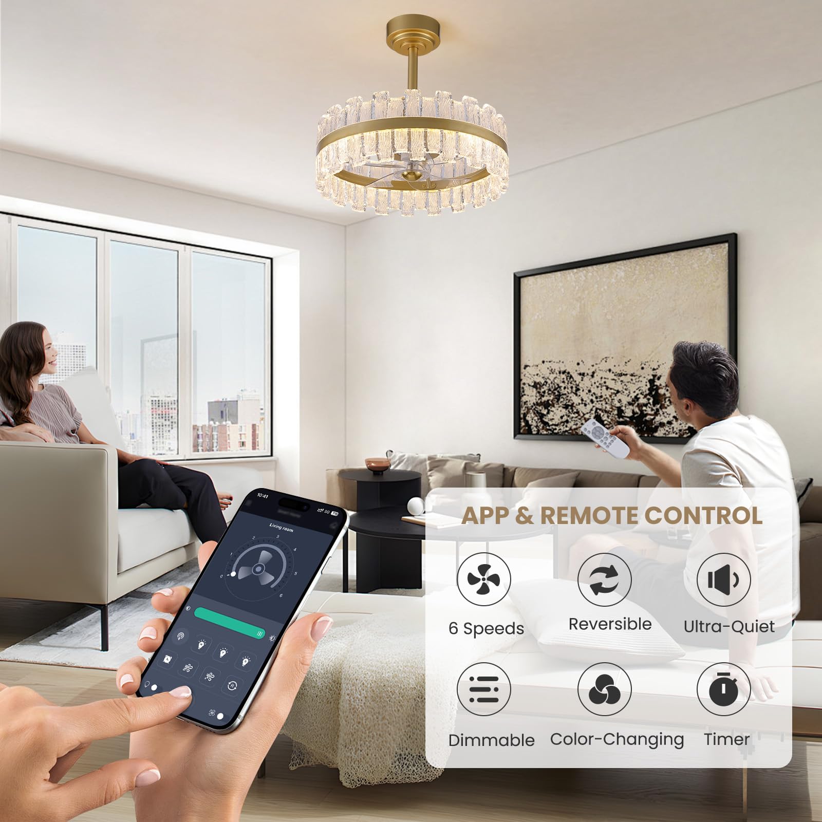 CROSSIO 20 Gold Caged Ceiling Fan with Light, Modern Water Ripple Acrylic LED Chandelier Ceiling Fan with Lights and Remote Co