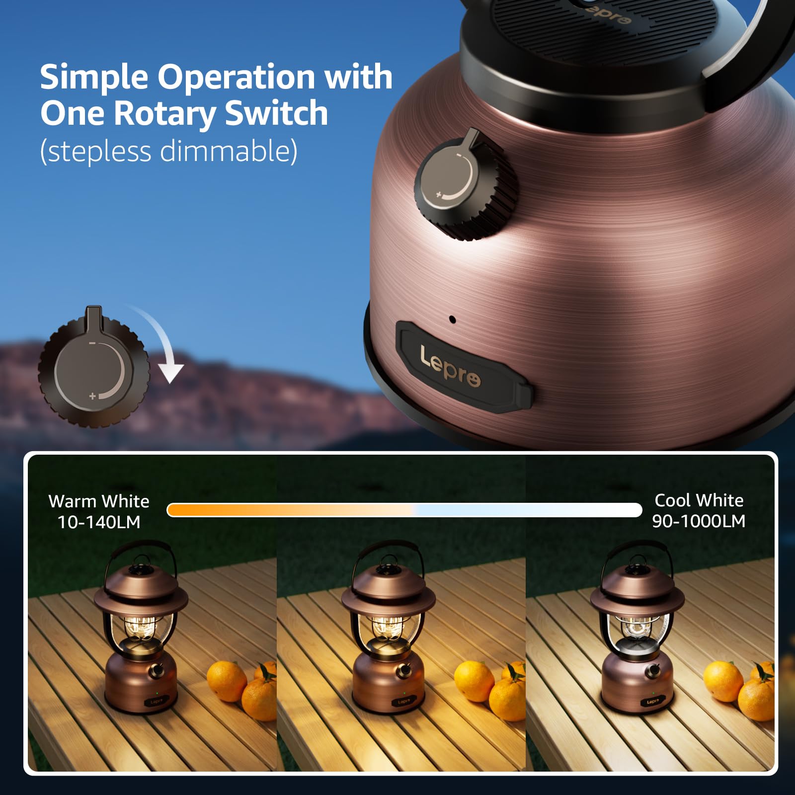 Lepro Retro Classic LED Camping Lantern, Dimmable, USB Rechargeable, Waterproof, Copper, Model 330041, Daylight White 2500K/5000K