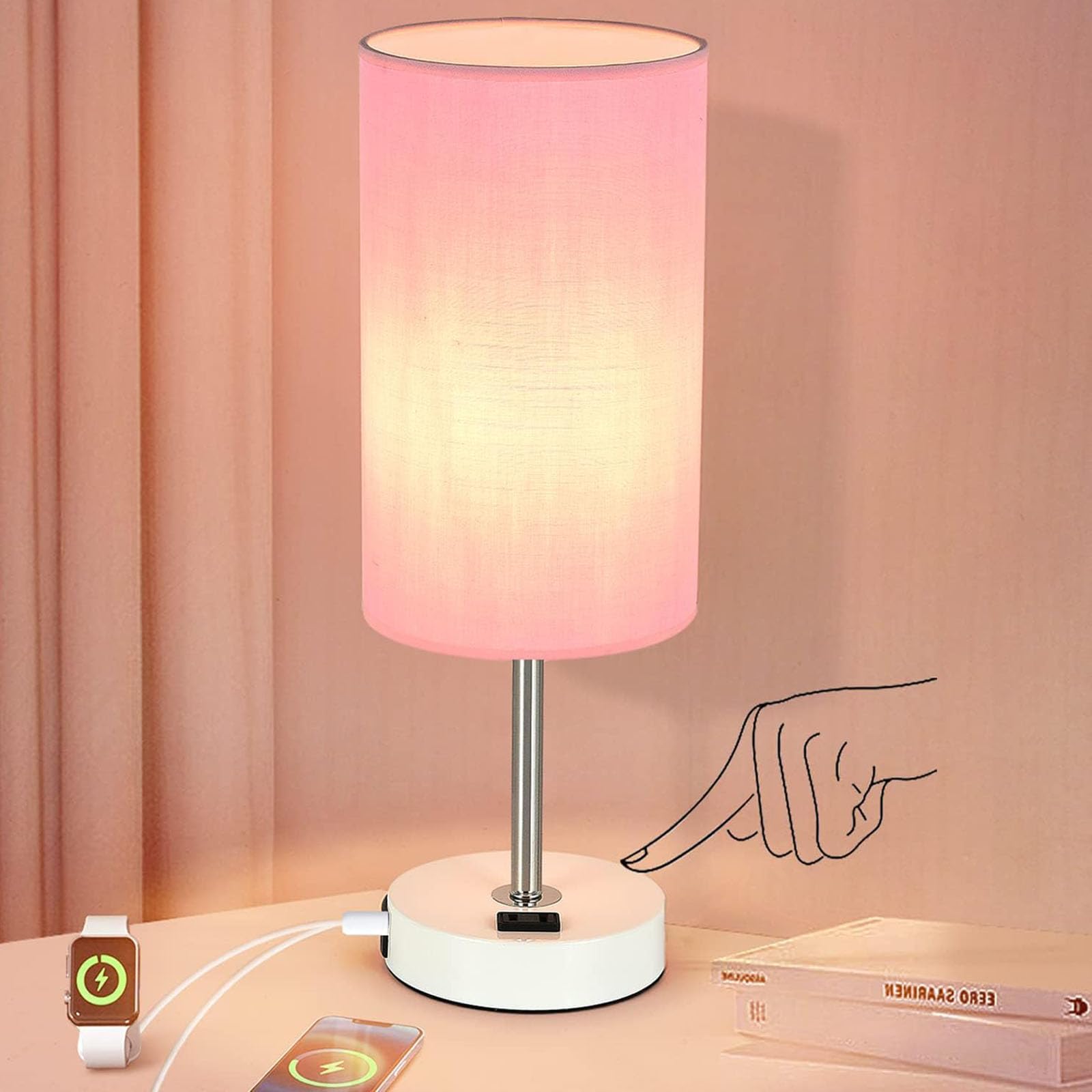 Gugsey Table Lamp with USB Port - Desk Lamp Touch Lamp Bedside Lamps for Bedroom, 3 Way Dimmable Small Lamps for Living Room, Ni