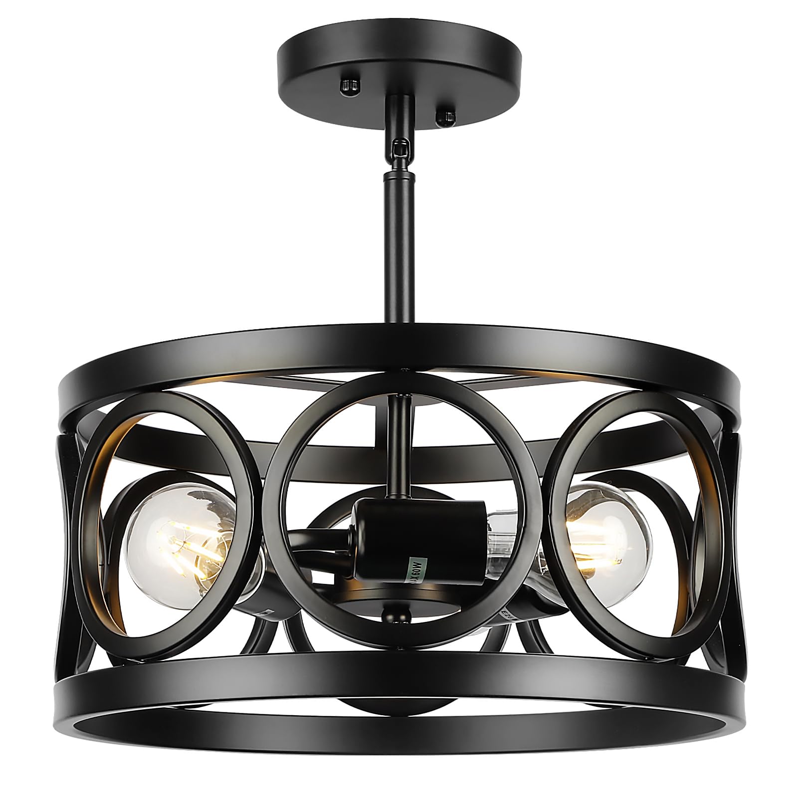 QianZhan Farmhouse Semi Flush Mount Ceiling Light,3-Light Industry Black Sloped Ceiling Light Fixtures D13 Inches Drum Metal Lig
