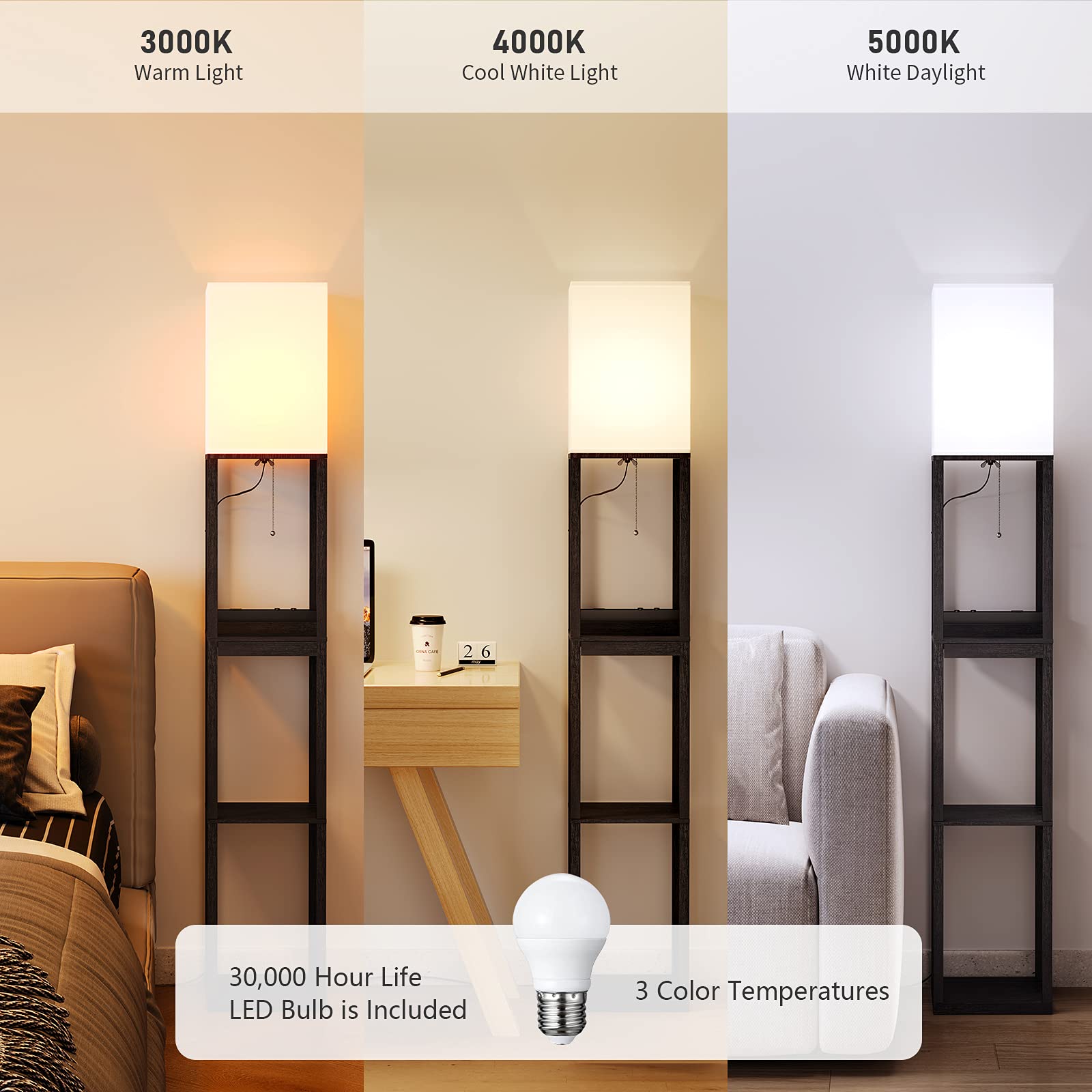 SUNMORY Modern Dimmable Floor Lamp with Shelves, 1 Drawer, 2 USB Ports, Black