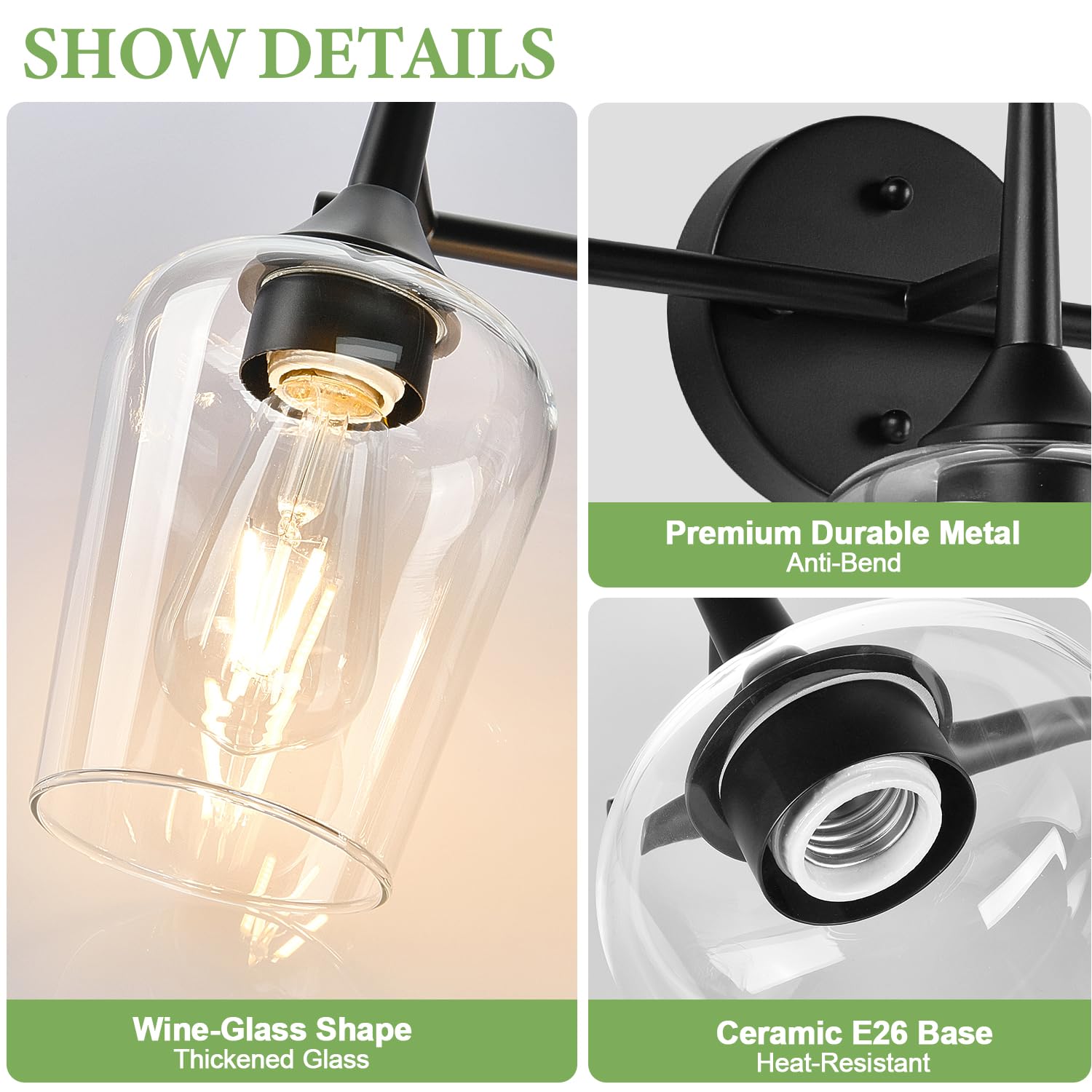 Mokatng 2025 Upgrade 3-Light Bathroom Light Fixtures  Black Vanity Lights For Bathroom With Clear Glass  19.5 Inch Bathroom Lighting Fixtures Over Mirror  Modern Wall Lamp For Cabinet Hallway