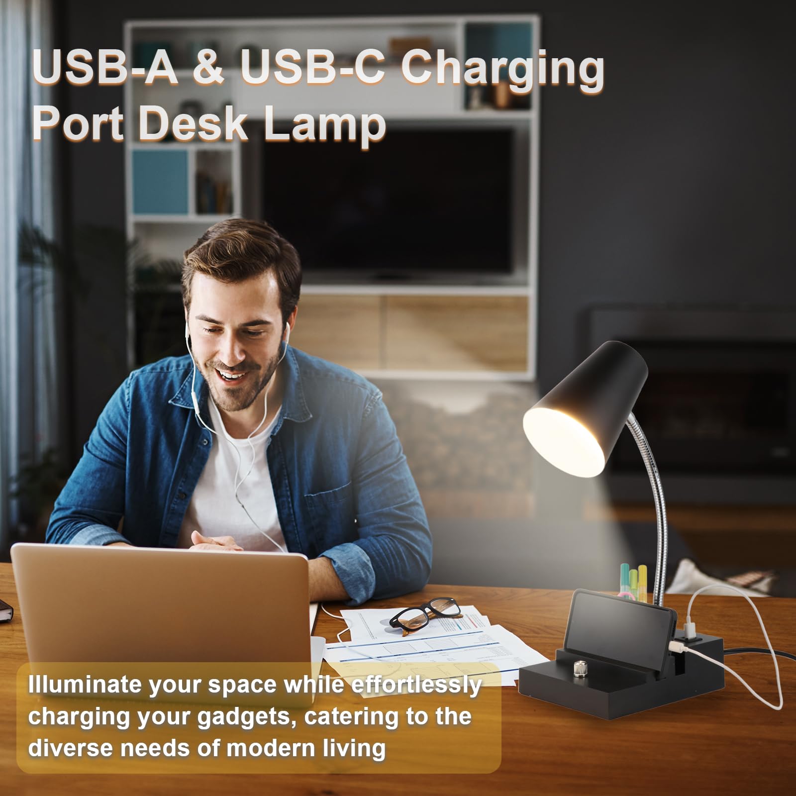 Lalisu Study Desk Lamp With Usb Charging And Type-C Night Light, Gooseneck Led Table Lamp Stepless Dimming Study Table Lamp With