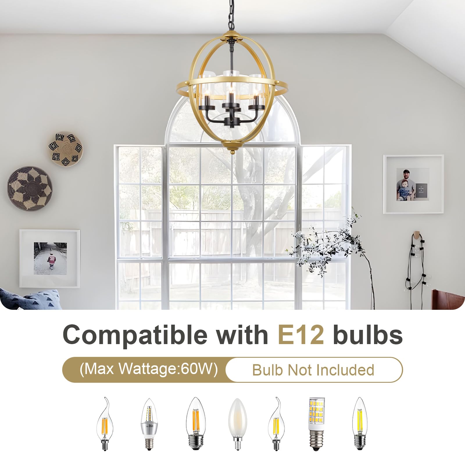 Treekee 4-Light Globe Orb Chandelier, Adjustable Modern Pendant Light, 17in  Iron, Gold
