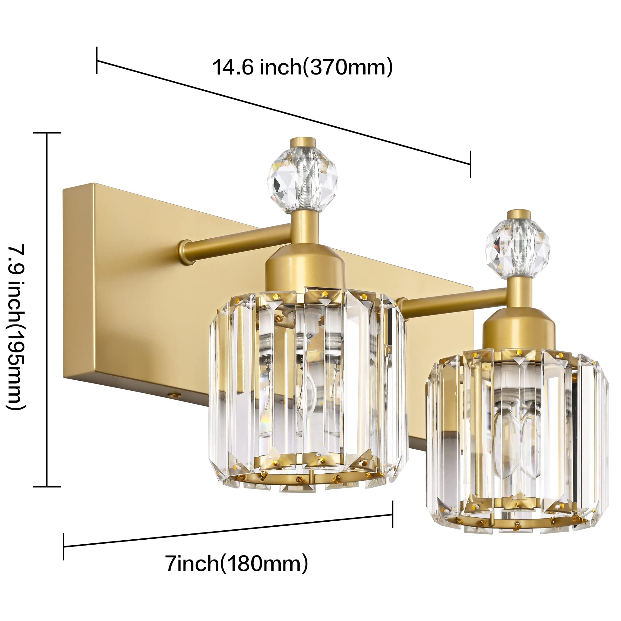 Presde Modern Chrome 2-Light Bathroom Vanity Light - Stainless Steel, Gold Finish, Over Mirror Sconce