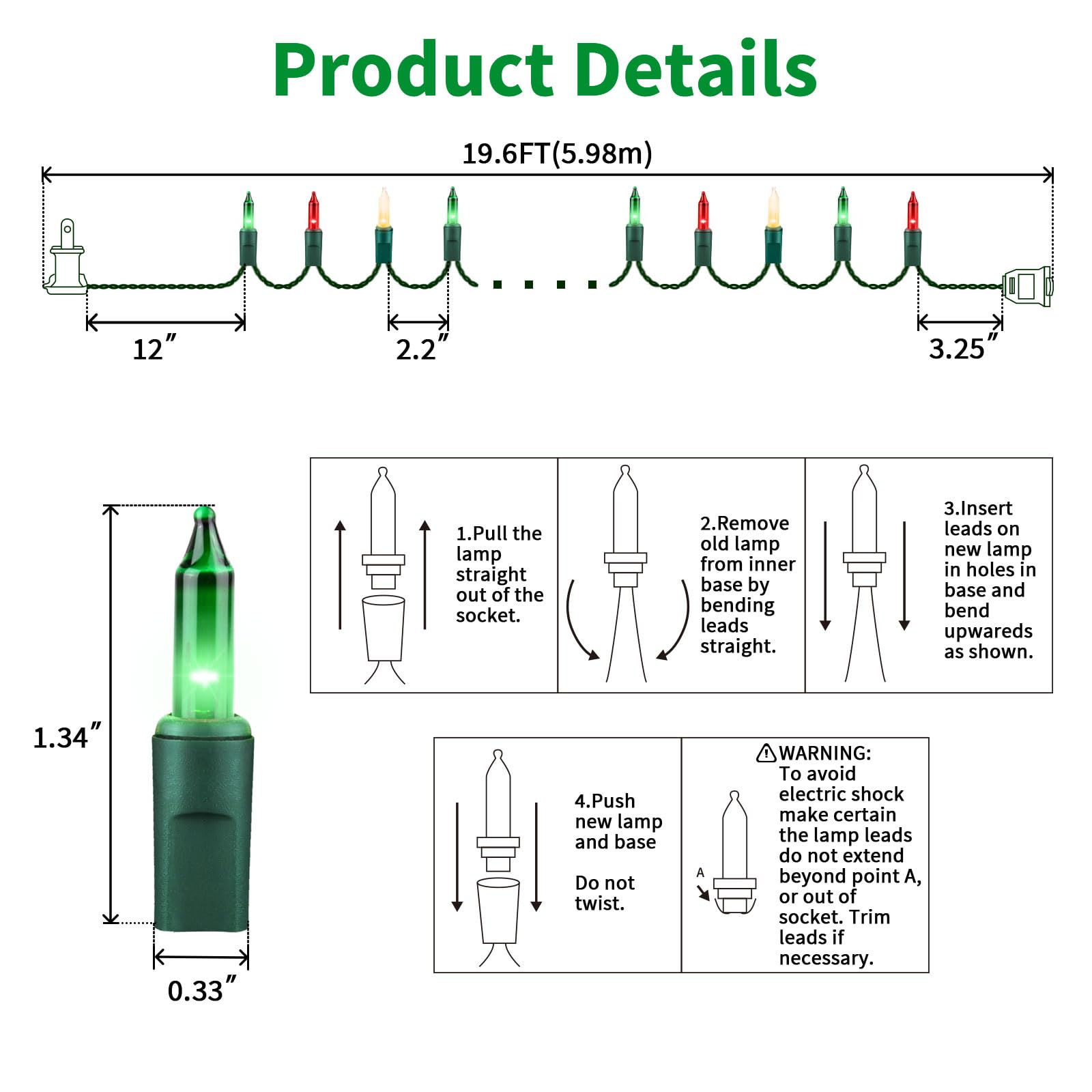 Lamphome Super-Bright Extendable Warm White Green Red Christmas Lights Decoration 100Lights 19.6Ft Ul Certified Mini Bulb String Lights For Outdoor Christmas Tree Garden Patio Wedding Decor