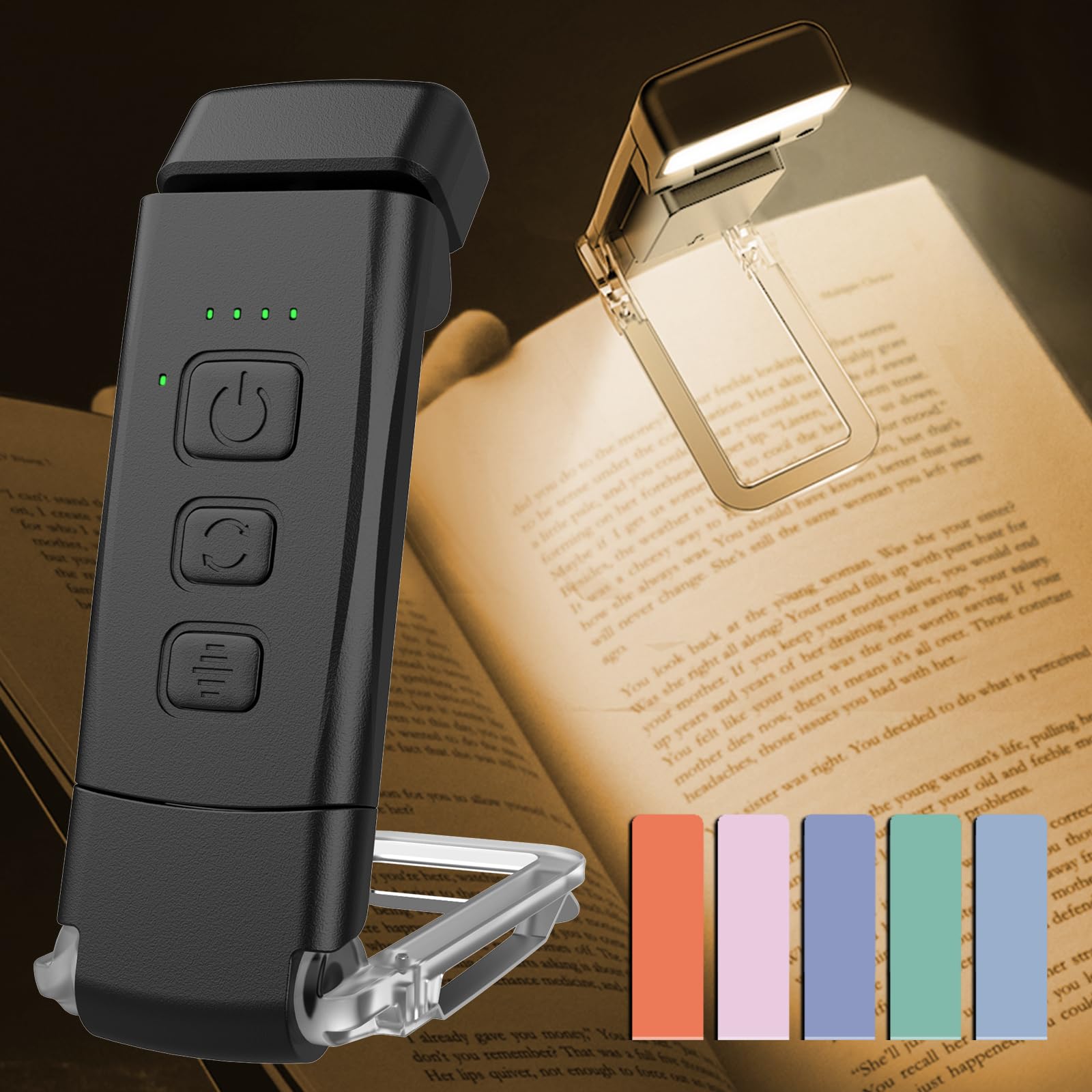 Reading Light with 5 Magnetic Bookmarks, Book Lights for Reading in Bed, Rechargeable Reading Lamp with 2 Timing Modes, 3 Color 