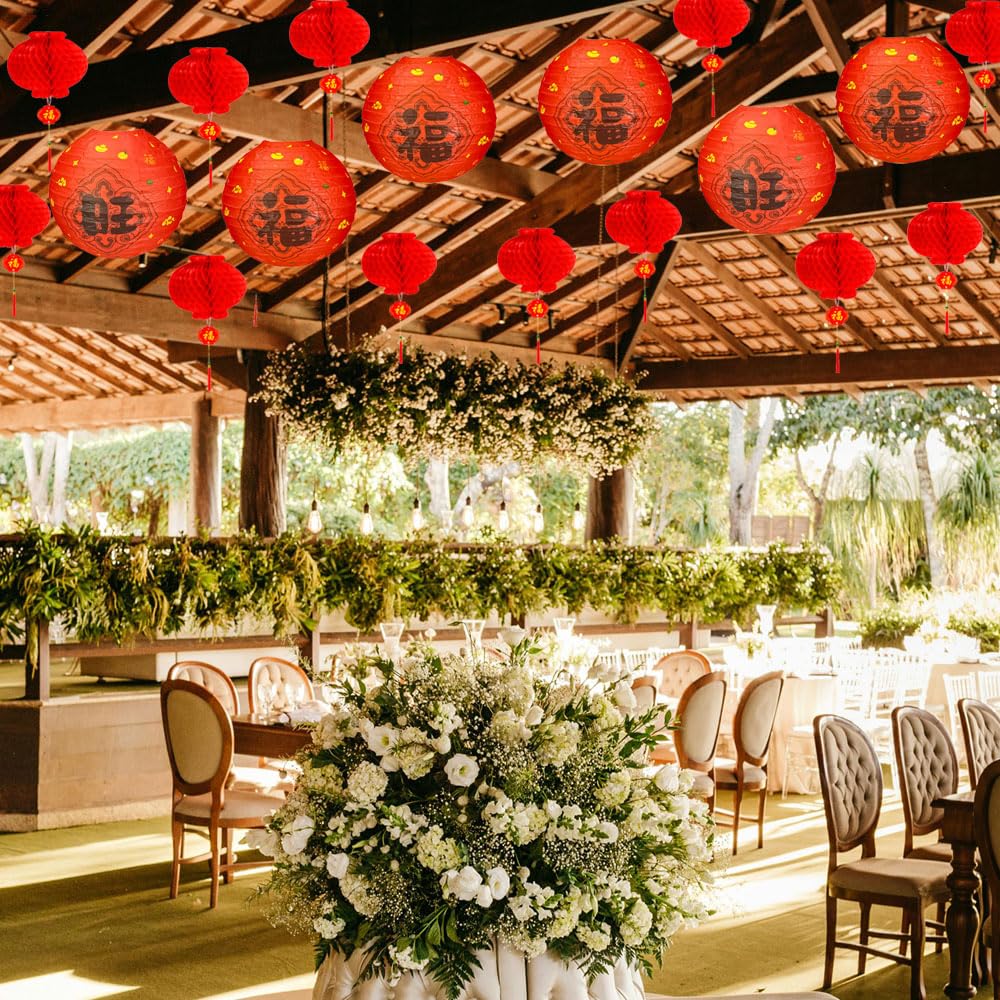 Vilanca 26Pack Chinese Japanese Paper Lanterns Red Lucky Fu Hanging Paper Lantern Decoration, 12In 8In Hanging Lanterns For Asia