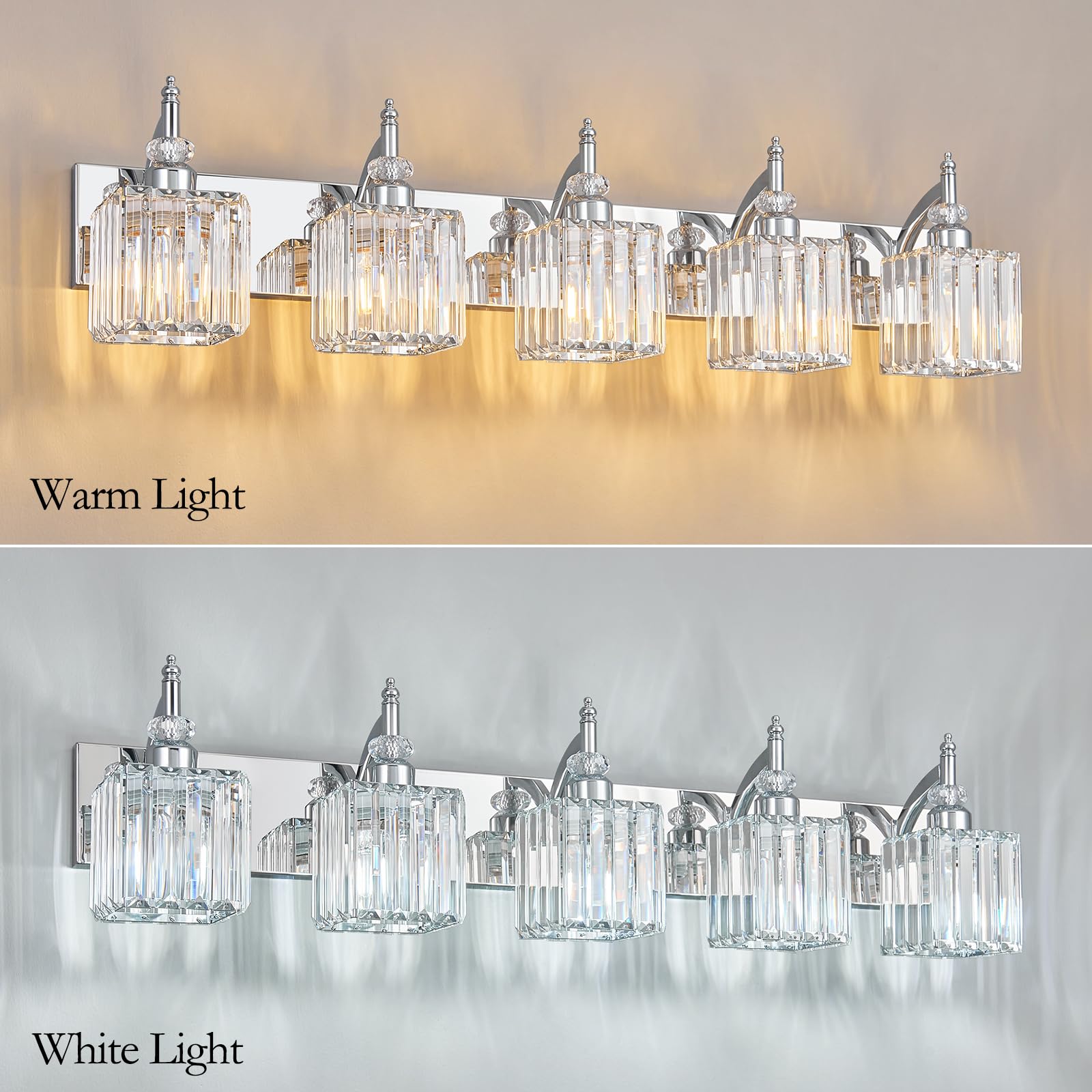 BBLLWJ Crystal Vanity Light Fixtures, 5-Light Modern Bathroom Lighting, Chrome Finish, Model 655
