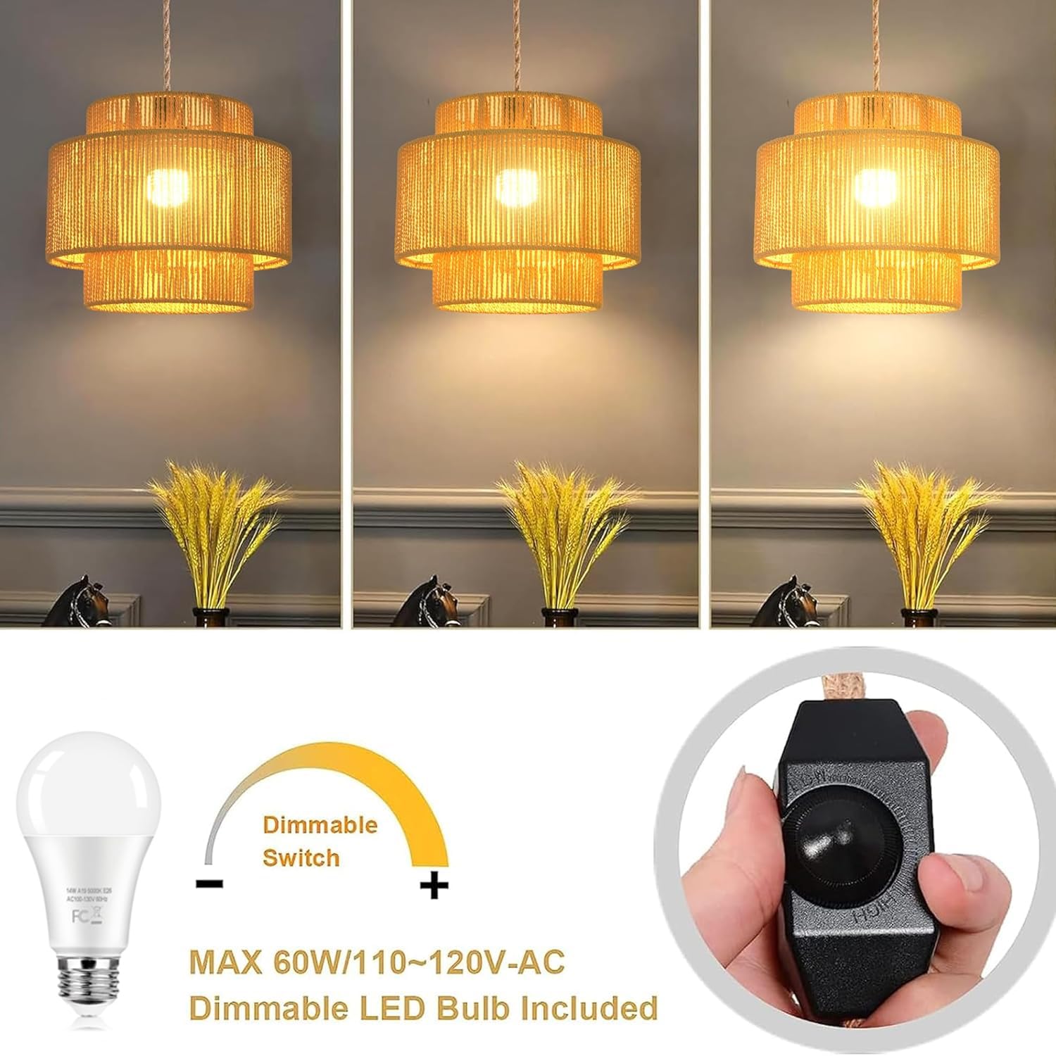 QIYIZM Pendant Light Boho Dimmable Rattan Wicker Shade 10in Brown Polyimide Model 1