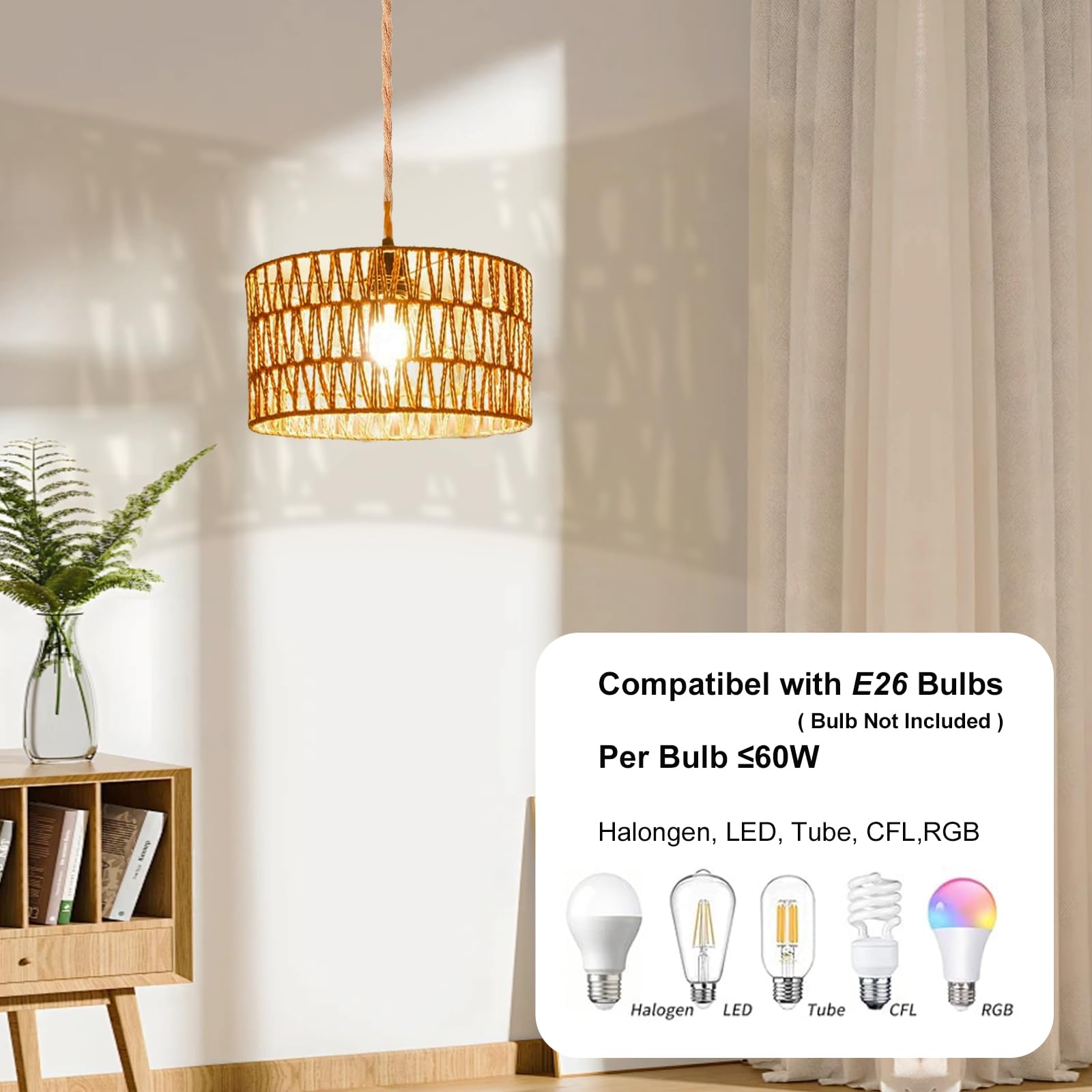Maliralt Hanging Lamps Rattan Pendant Light Hanging Lights 16.4Ft Plug In Cord Pendant Light Fixture Plug Into Wall Outlet Penda