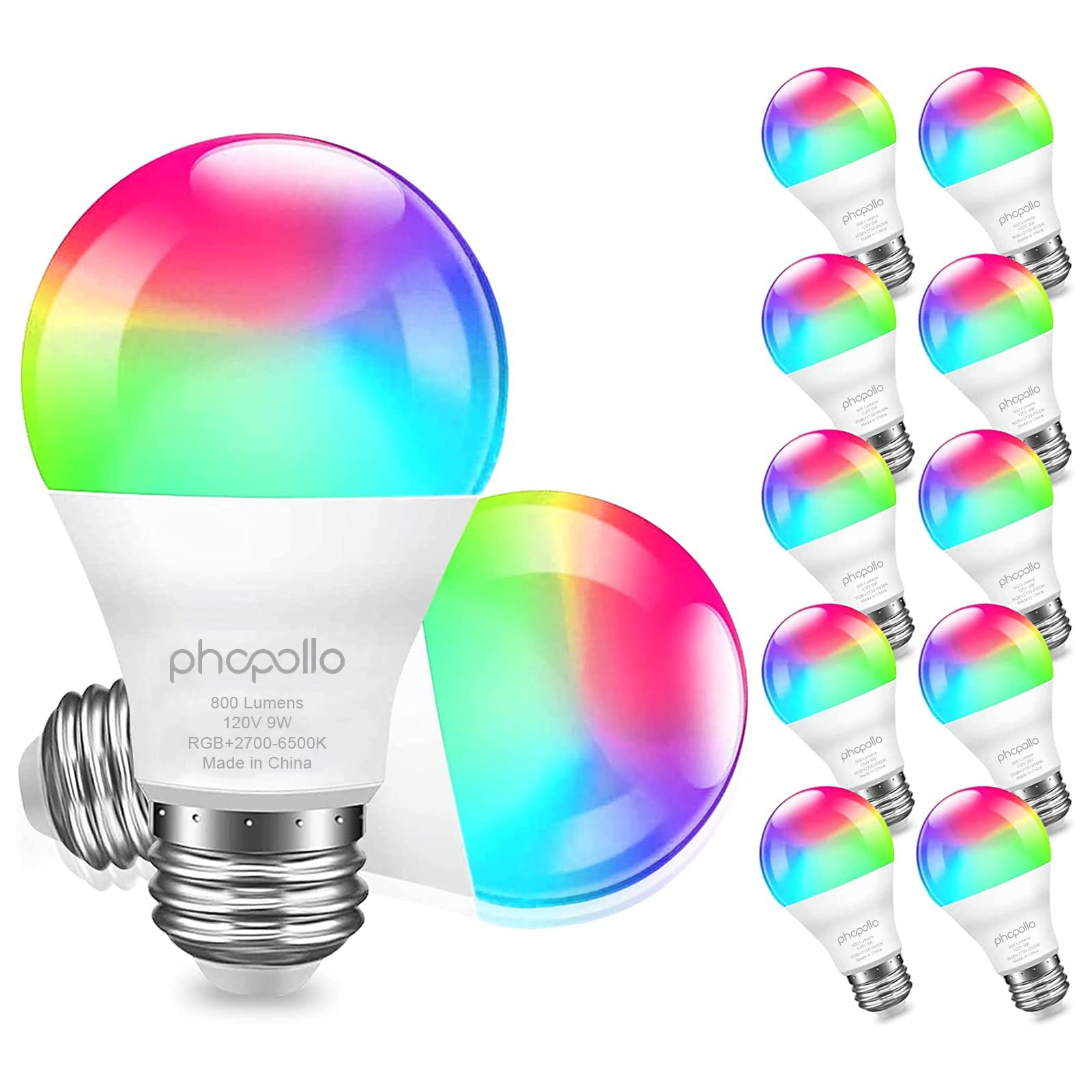 phopollo Smart Light Bulbs RGBW WiFi LED 9W 800 Lumen A19 E26 12 Pack Cool White
