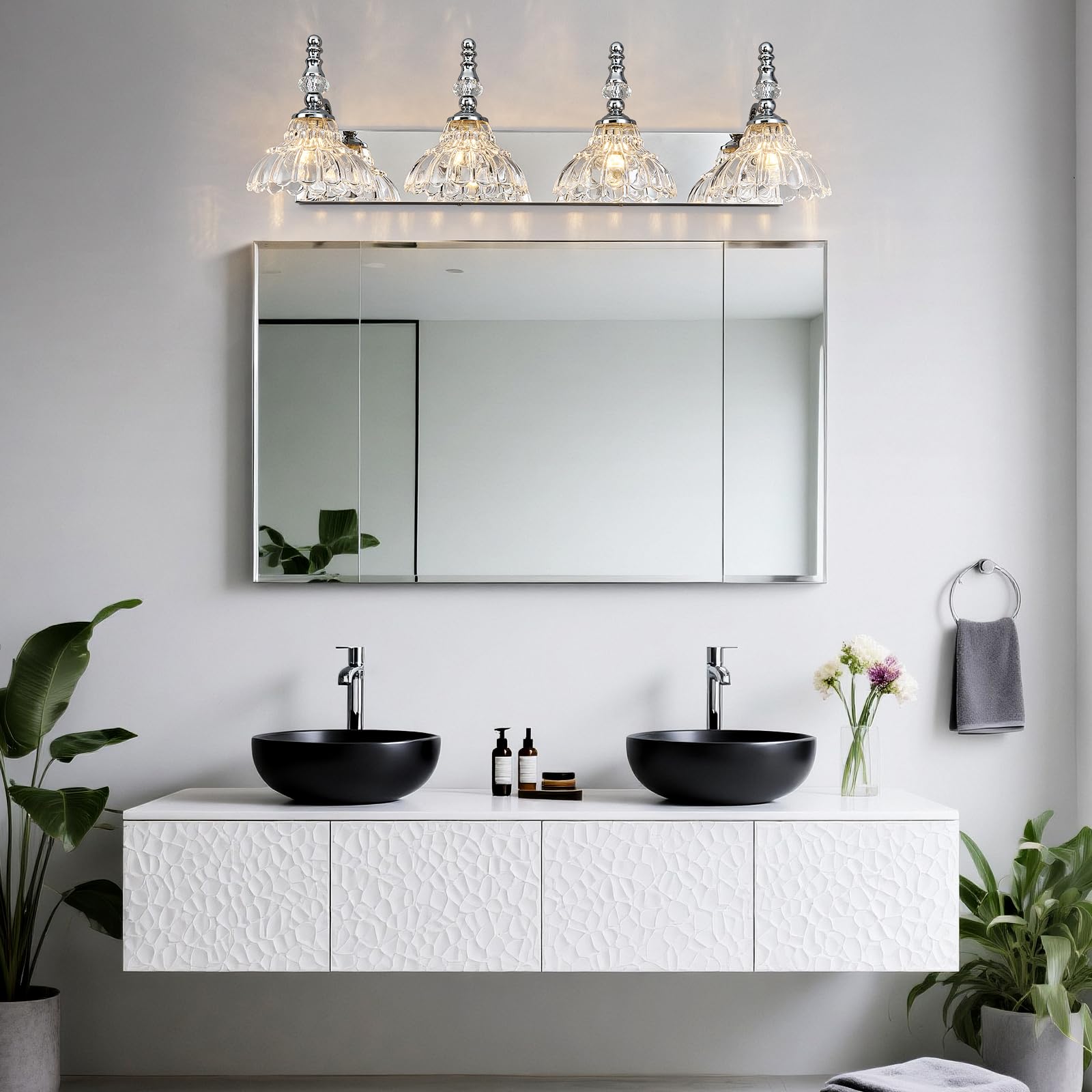 Lbsqj Vintage Bathroom Vanity Light  4-Light Chrome Vanity Lighting Fixture With Flower Glass Shade  Bathroom Lighting Fixtures Over Mirror