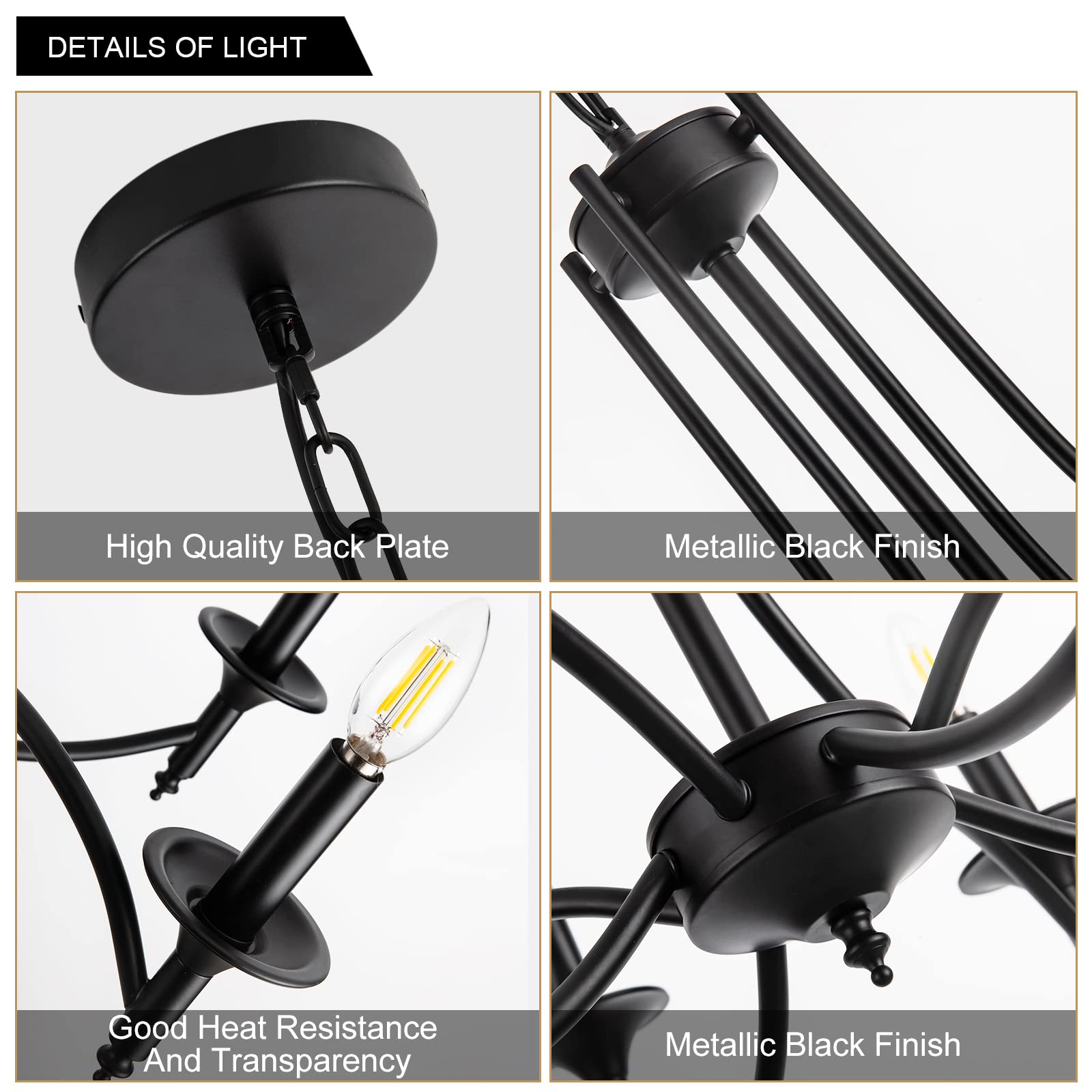 Pretoy Industrial Candle Chandelier 8-Light Black Iron Pendant Fixture for Dining Room, Living Room, Bedroom, Kitchen Island, Foyer