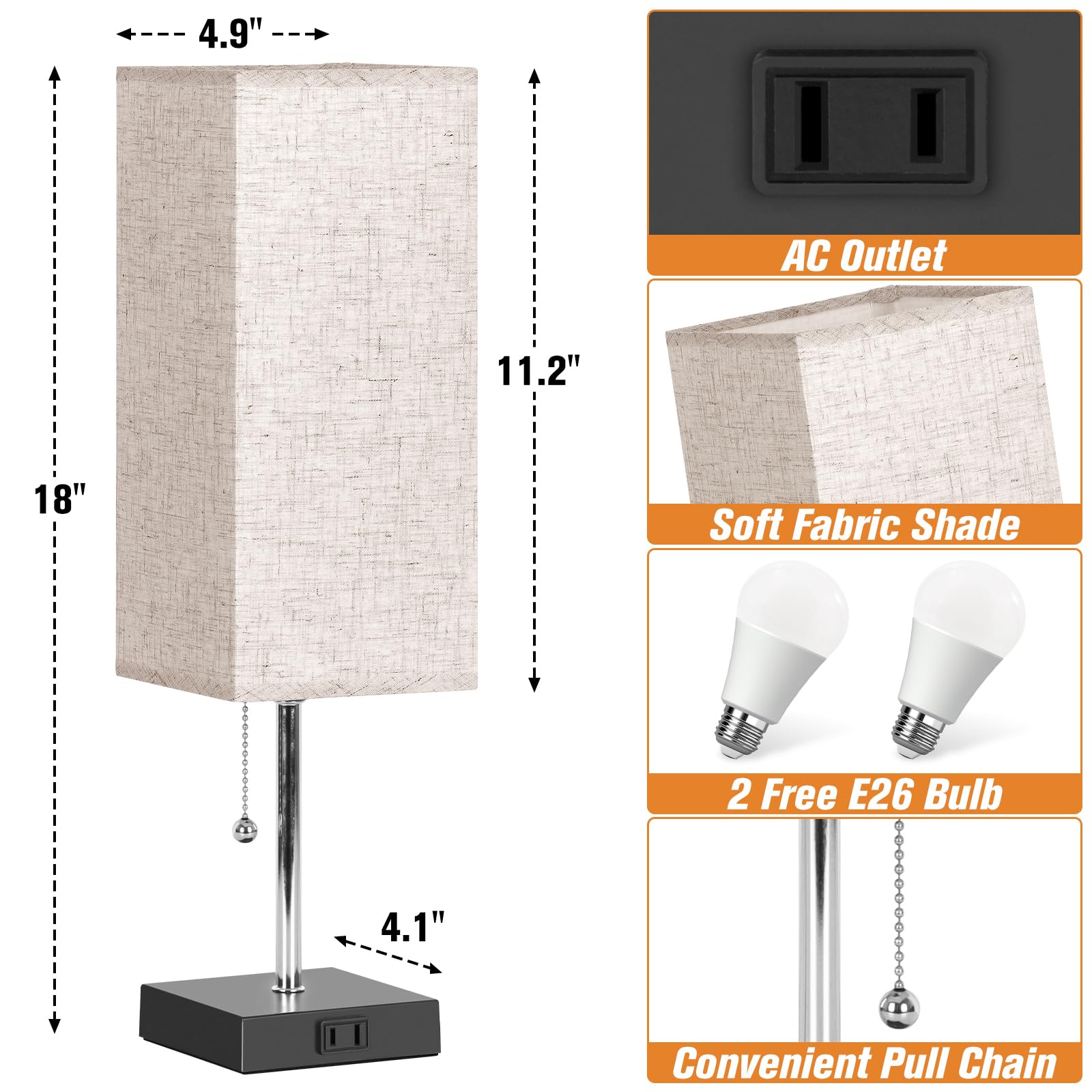 Table Lamp For Bedroom Set Of 2, Bedside Lamps With 3 Color Temperatures Night Light, Lamp For Night Stands With Ac Outlet And S