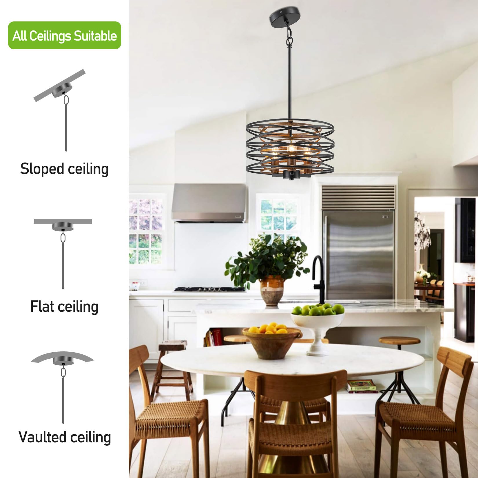 Bargeni 13" Chandelier - Matte Black Metal Light Fixture with Wood Texture Interior, Adjustable Height for Dining Room, Kitchen, Living Room