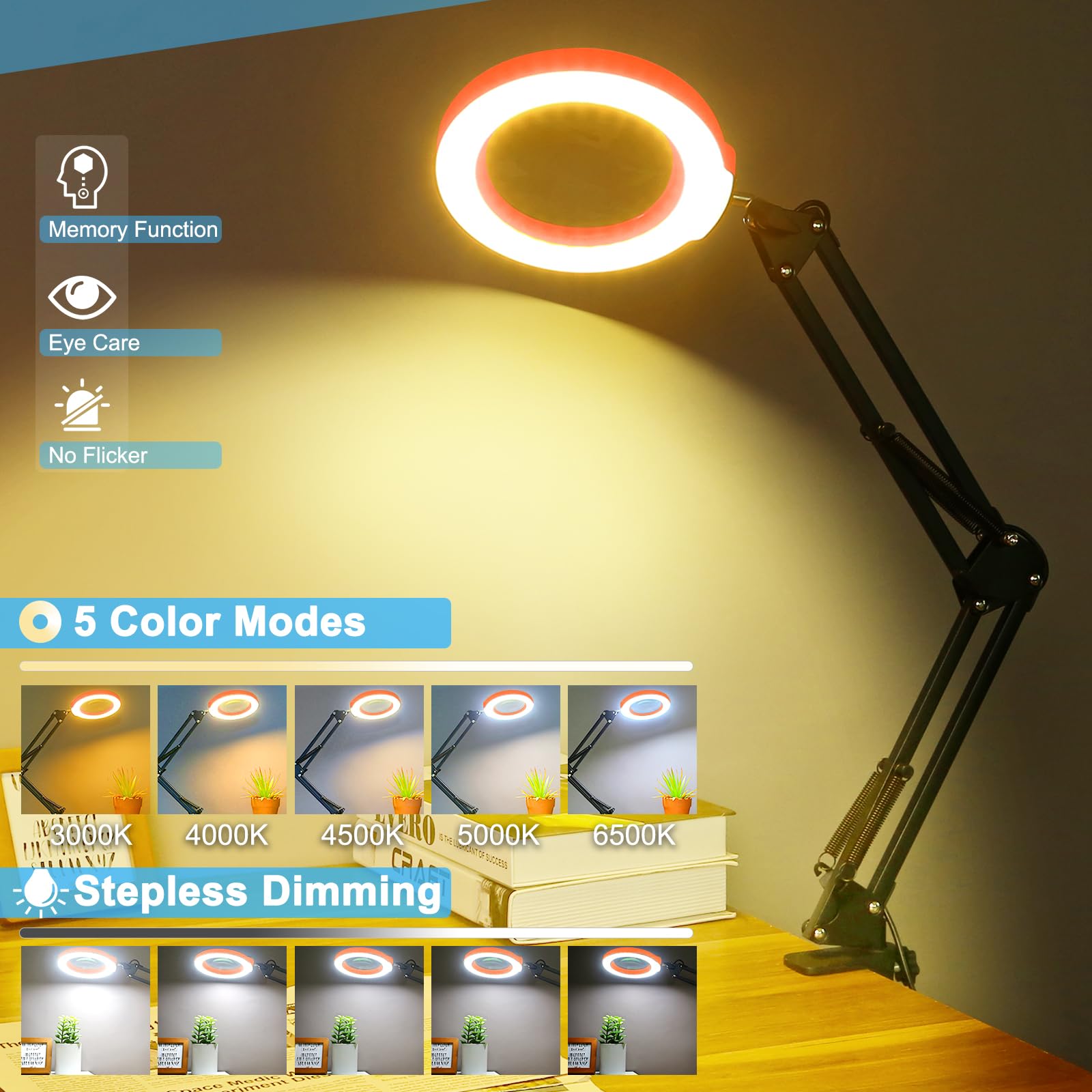 Coyeth 10X Magnifying Glass with Light, Stepless Dimmable, Clamp Stand, LED Desk Lamp, Black Orange, Model CTL-C6