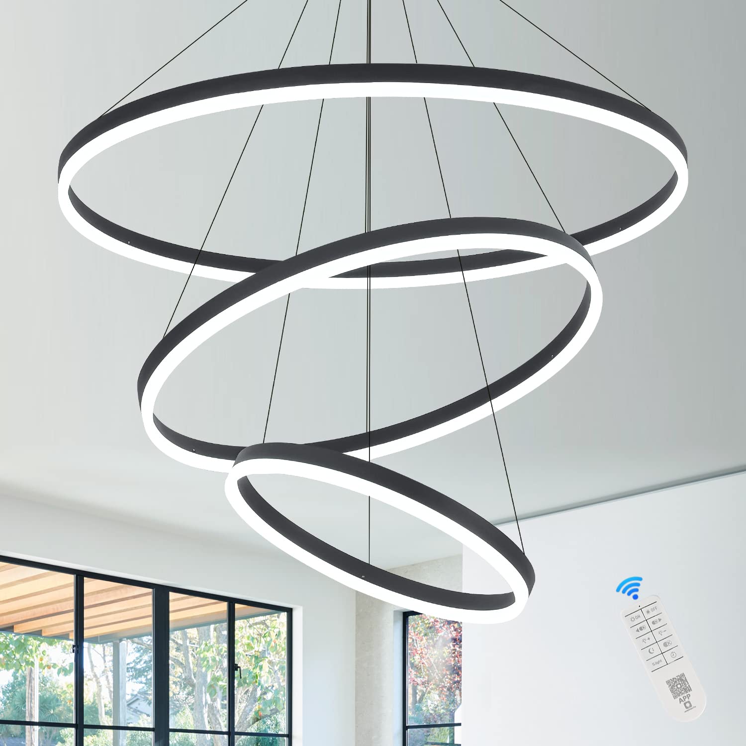 Xgzl · Lighting 3-Rings D31.5’’ Modern Led Chandelier Black, Dimmable Pendant Lighting With Remote Control Circular Flush Mount High Ceiling Light For Living Dining Room Bedroom Foyer, 3000K-6500K