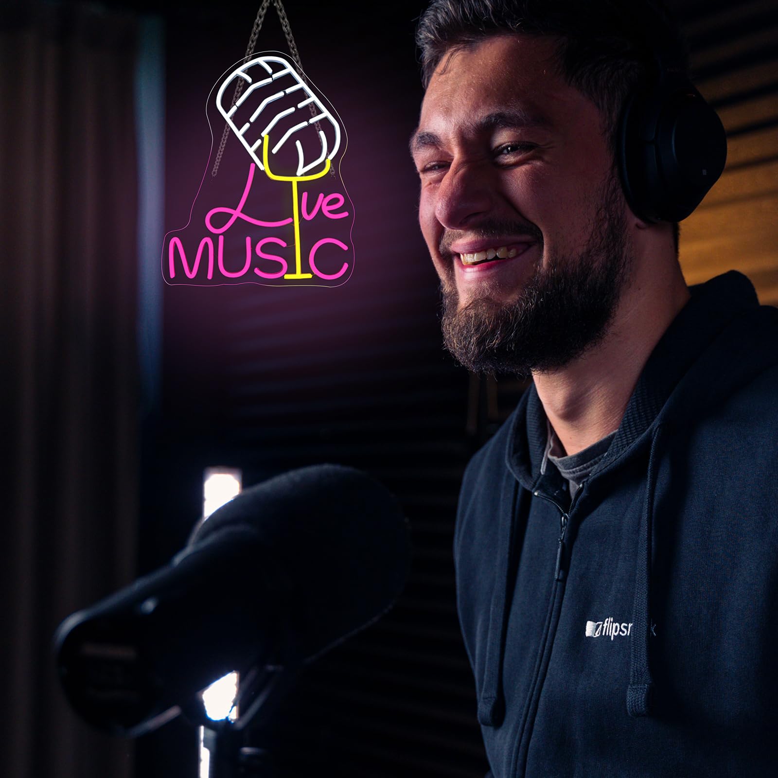 Looklight Neon Sign - On Air Microphone LED Wall Decor, 12.6in x 16.14in, Acrylic, Music Live