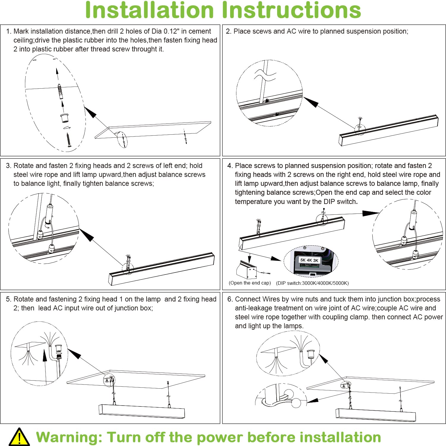 Hykolity 8Ft Linkable Led Linear Light  80W 9200Lm 3000K/4000K/5000K Cct Selectable  0-10V Dimmable Architectural Led Suspension Office Lighting Fixture For Market  Garage  Etl 4 Pack-Black