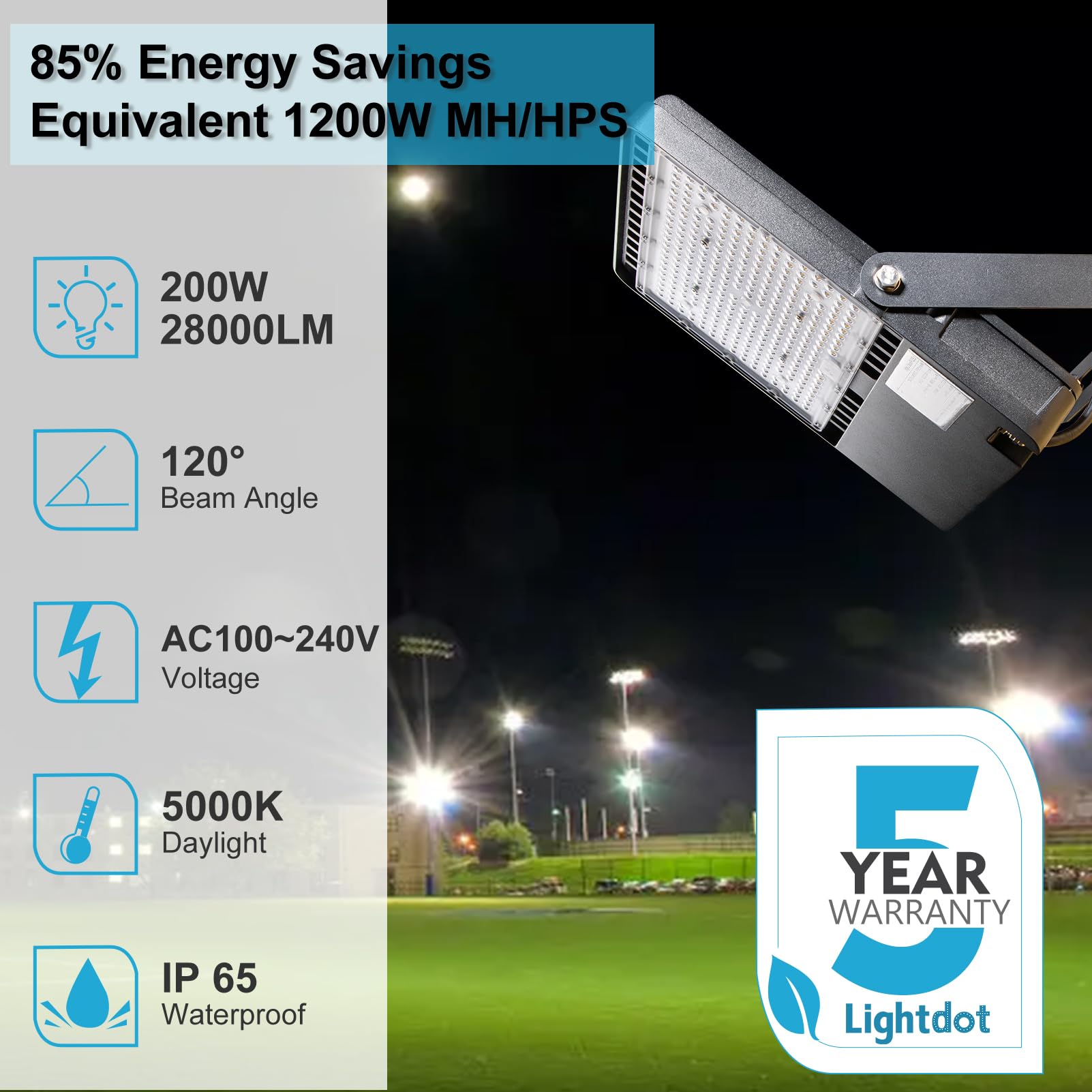 Lightdot 200W Led Flood Light 5000K, 28000Lm, Ip65 Waterproof, Dusk To Dawn,