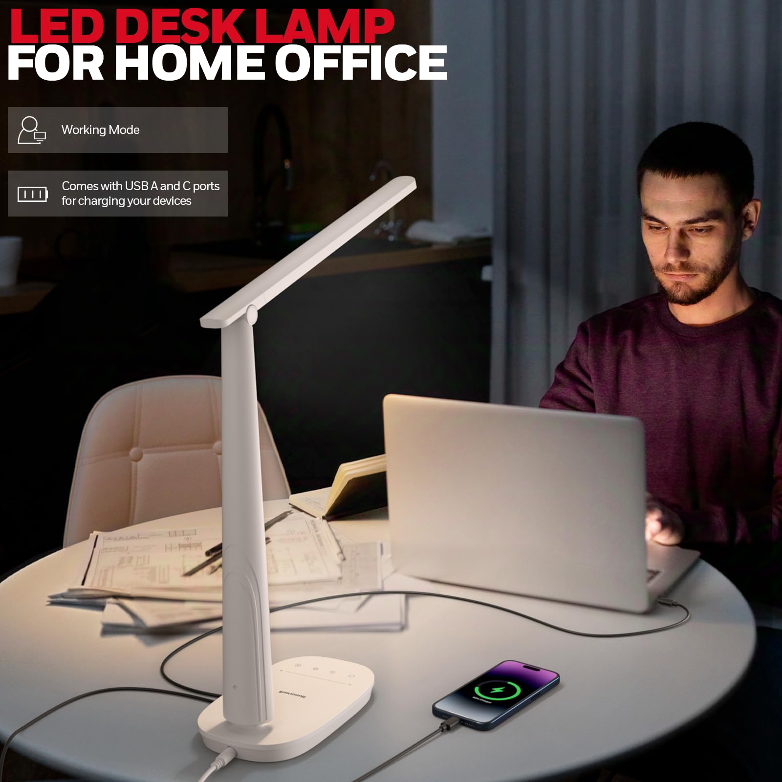 Honeywell LED Desk Lamp - Eye-Caring Light, 4 Color Modes, Touch Control, USB A+C Ports, Adjustable Head, White, Model: H2-1