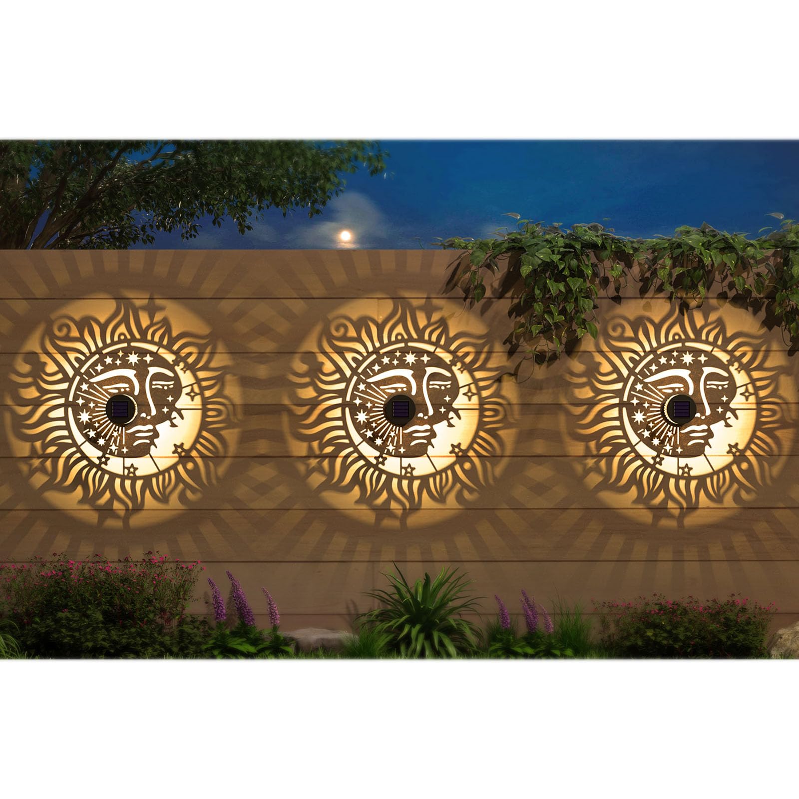 Gardencave Solar Fence Lights - 4 Pack, Sun Moon Theme, Waterproof Outdoor Wall Decor, Model Fence1