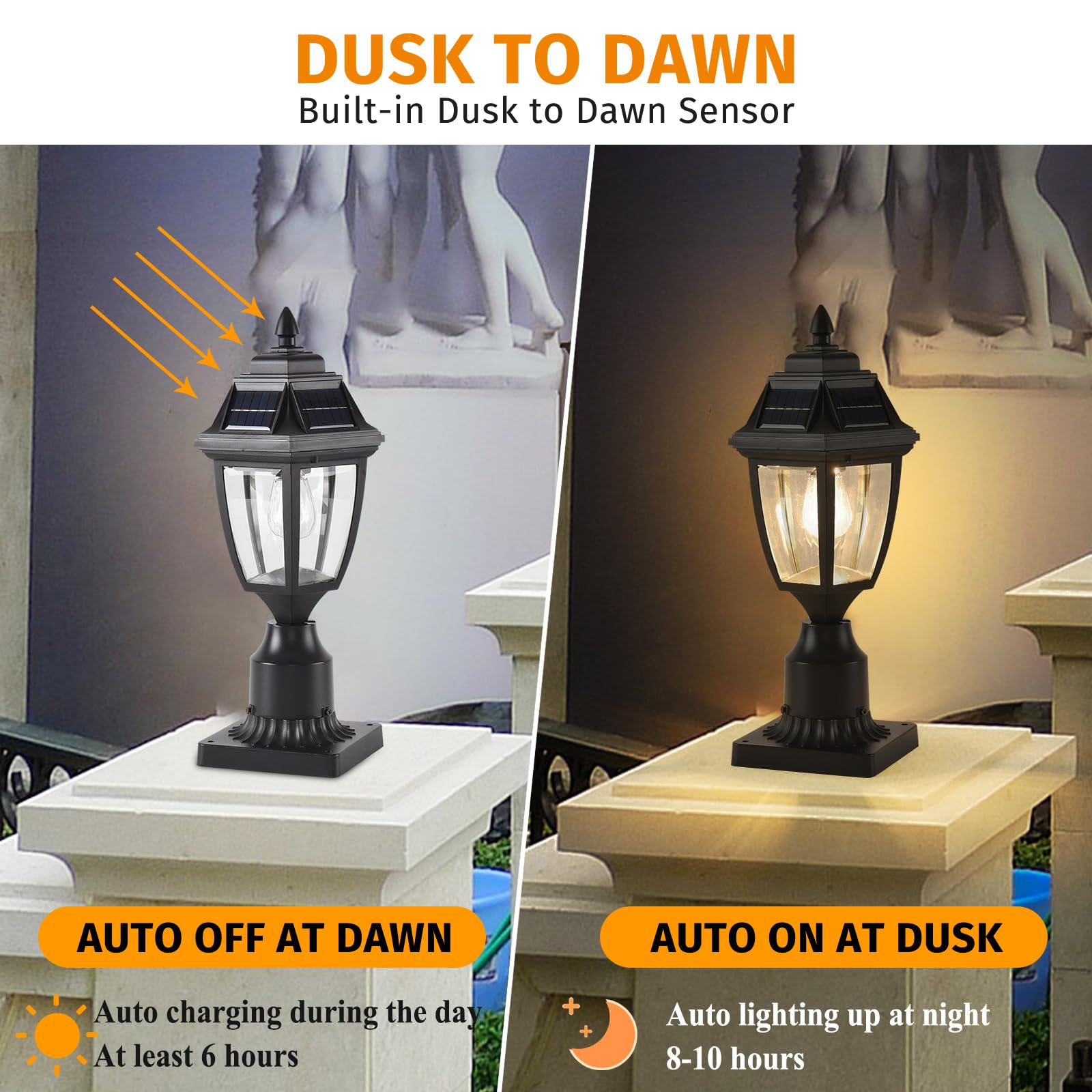 Teblampue Solar Outdoor Post Lights 1 Pack, Dusk To Dawn Outdoor Column Light With Pier Mount Base, Black Exterior Solar Powered