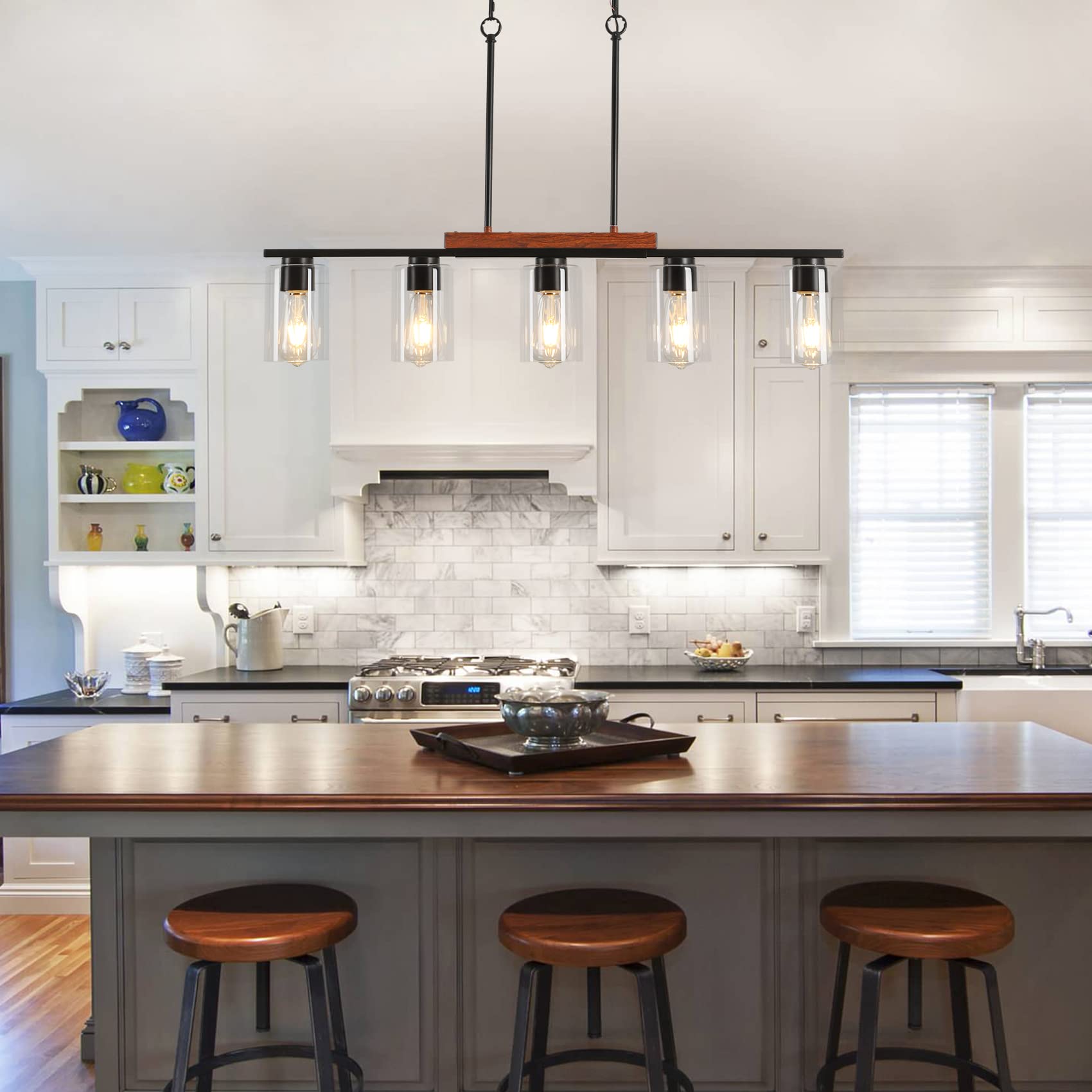 Wilon Kitchen Island Lighting, 5-Light Dining Room Light Fixture Over Table, Glass Shade Pendant Lighting For Kitchen Island Far