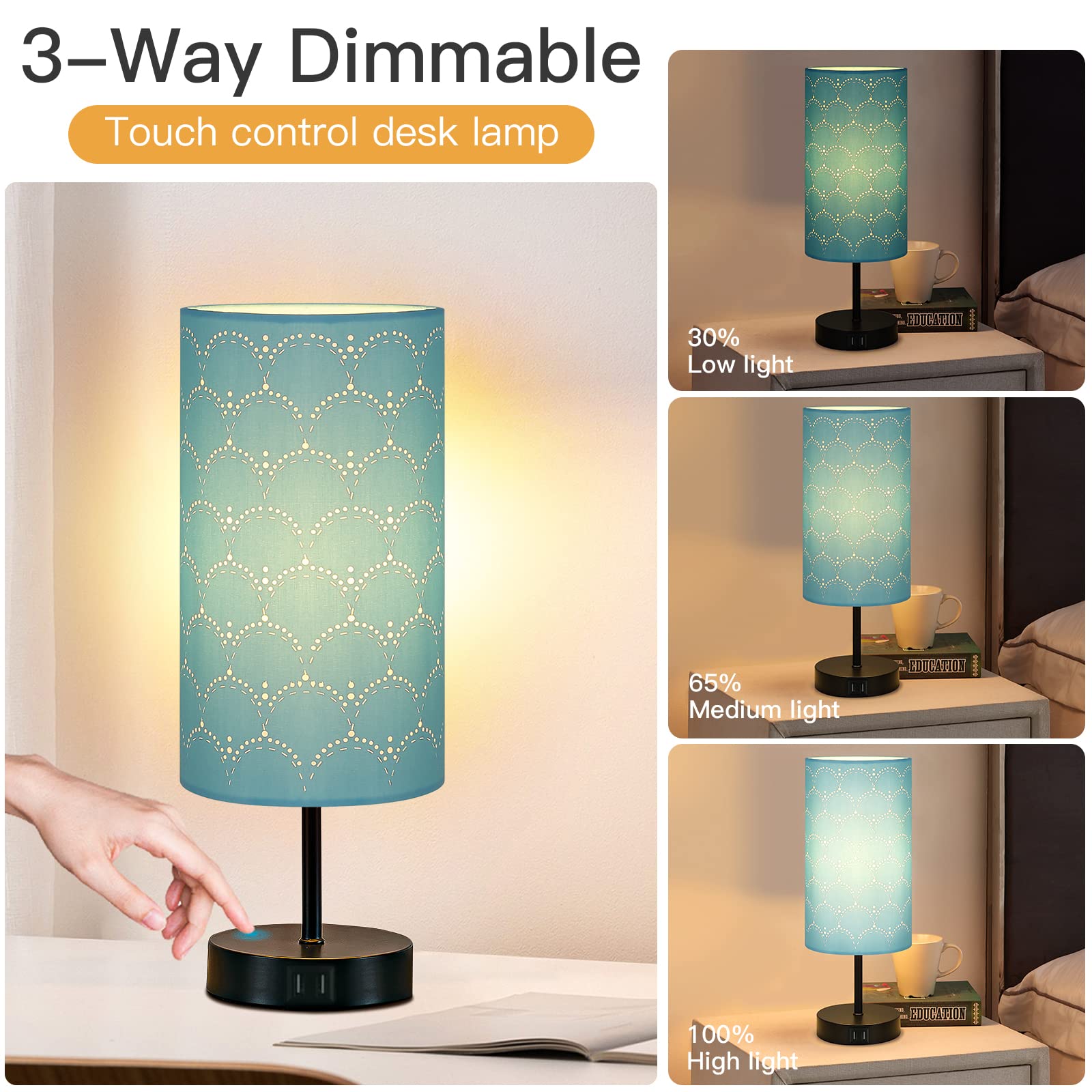 CINSARY Touch Control Bedside Lamp, 3-Way Dimmable, Blue Fabric Shade, 2 USB Ports, E26 LED Bulb Included