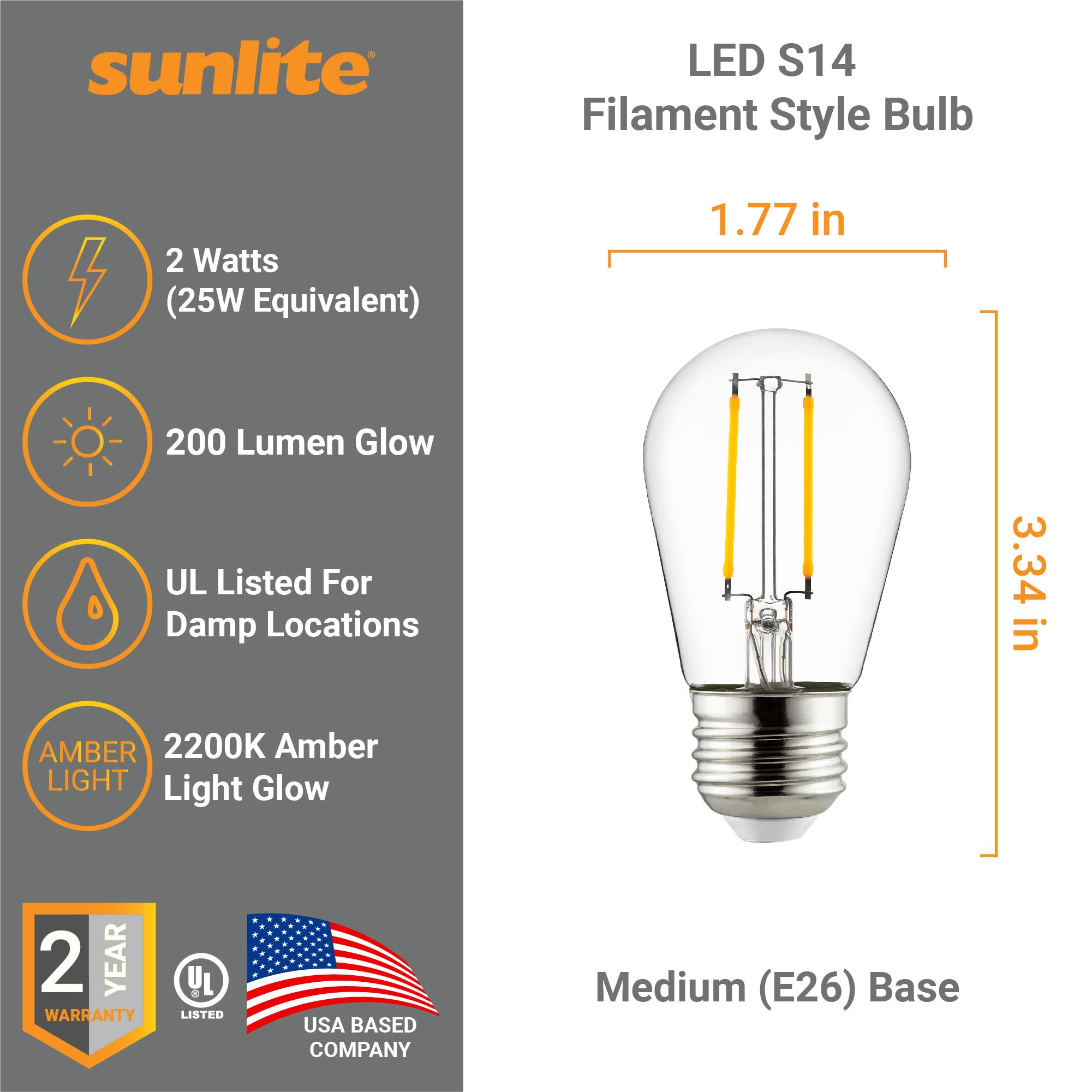 Sunlite LED S14 Filament String Light Bulb, 2W (25W Equivalent), Dimmable, Clear Glass, 2200K Amber, 6 Count, Model 41655