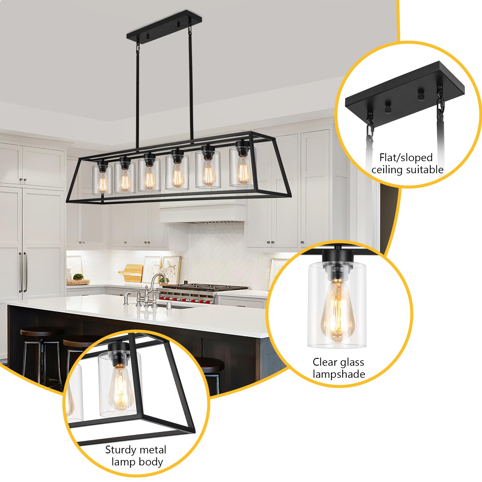 Senyshilon 6-Light Black Farmhouse Chandelier, Metal With Clear Glass For Dining Room, Kitchen Island, Model S8833-6S