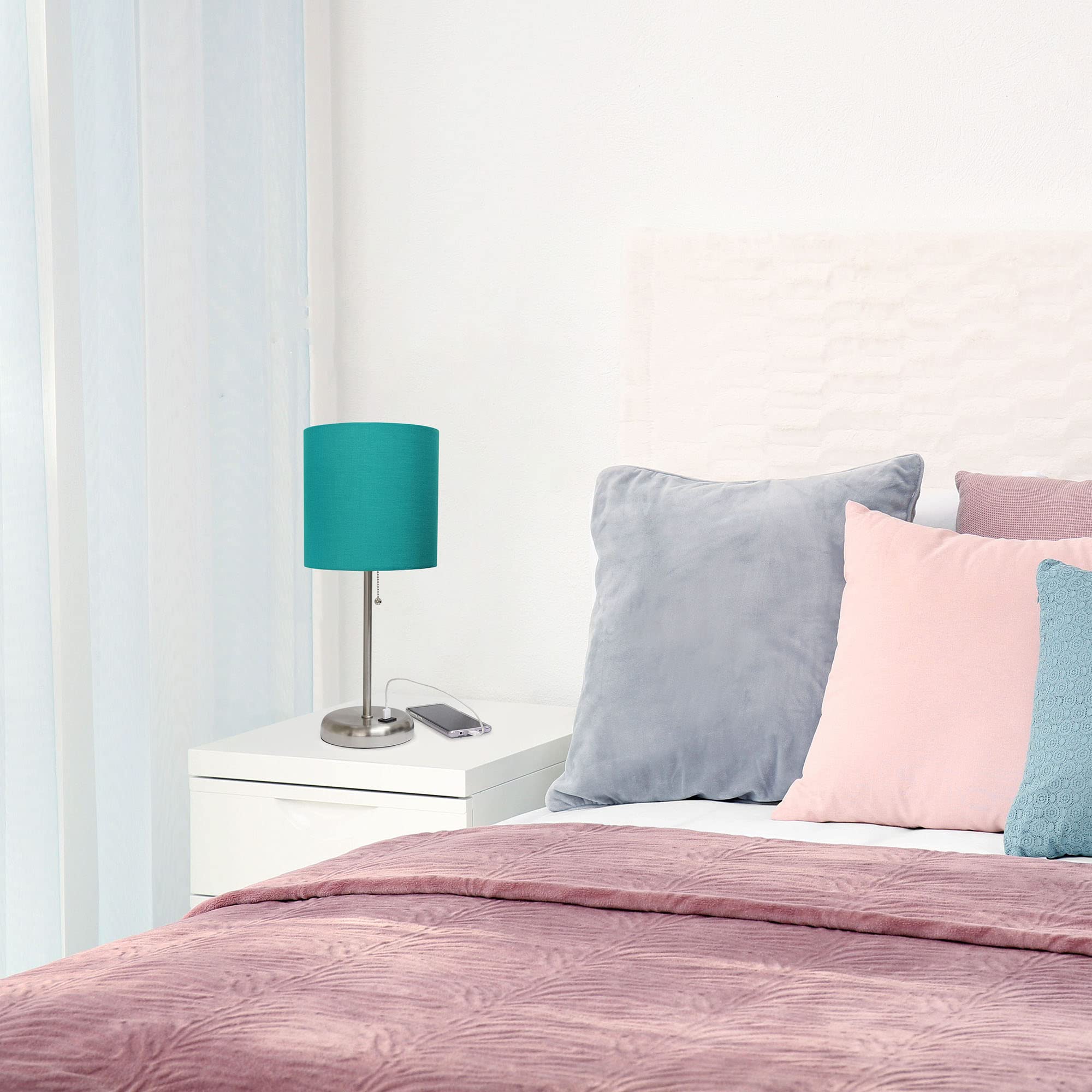 Creekwood Home 19.5&quot; Metal Bedside Lamp With Usb Port, Brushed Steel & Teal Drum Shade