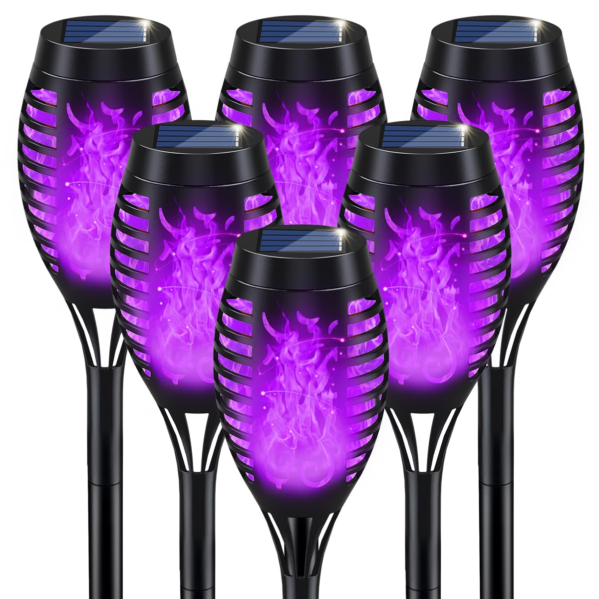 IkeeRuic Purple Solar Torch Lights, 6 Pack, Flickering Flame, Waterproof Outdoor Garden Pathway Decor