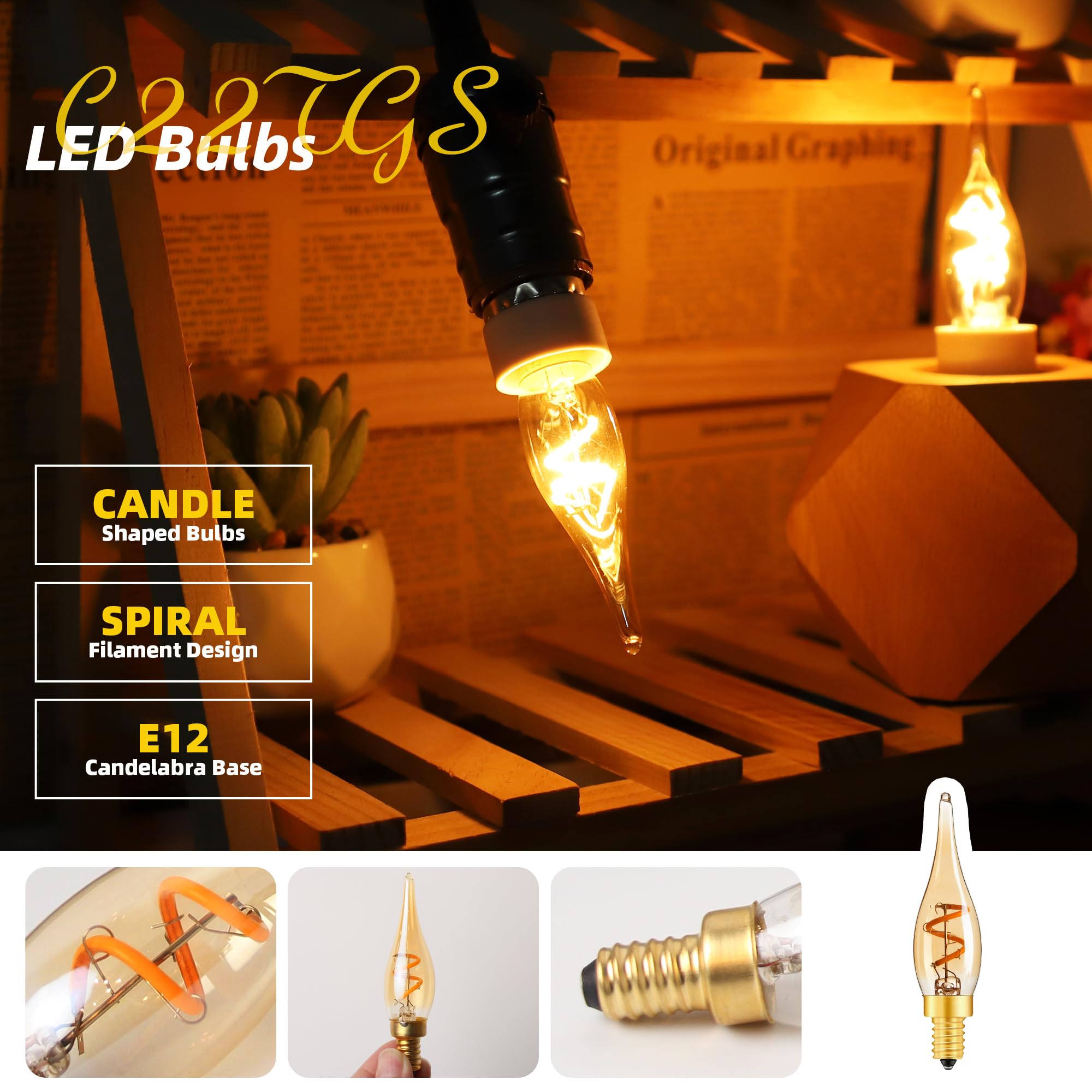 Genixgreen Amber LED Candelabra Bulbs, 15W Equivalent, Glass, C22TG, 2 Count, 2200K Warm Amber