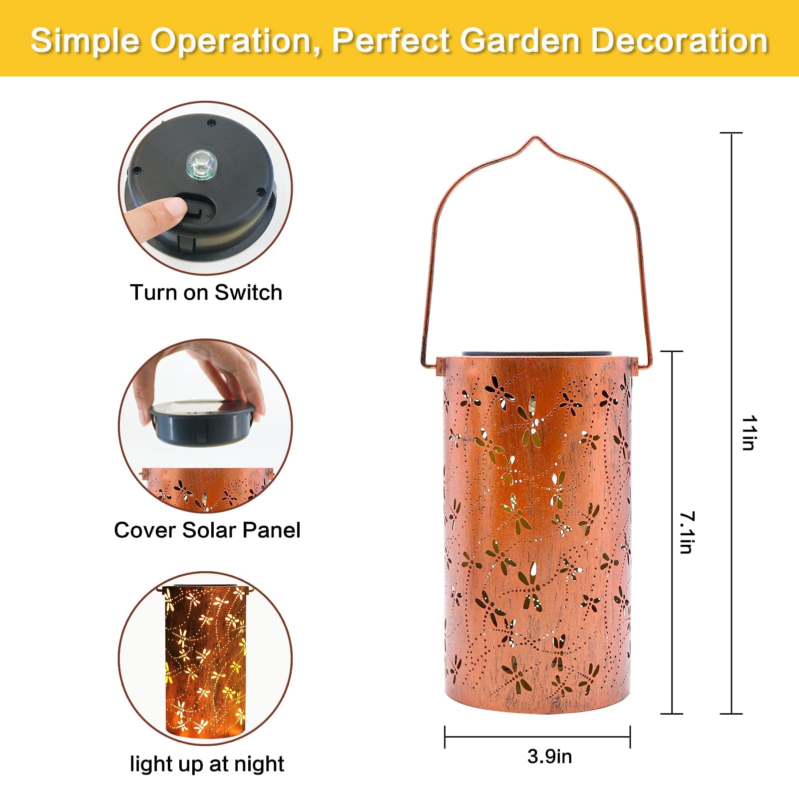 Yisiteone Dragonfly Outdoor Solar Lanterns, Garden Waterproof Metal Hanging Decor Lights For Patio Yard Pathway Lawn Front Porch