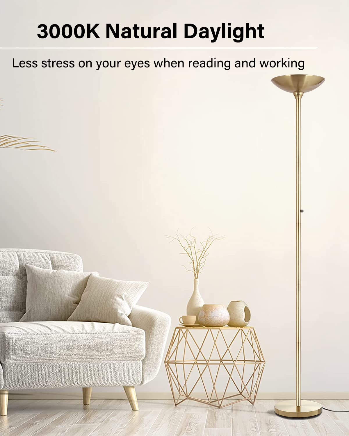 Boostarea Torchiere Floor Lamp Gold, 30W Super Bright Led Standing Lamp, 3000K Stepless Dimmable Pole Lamp With Rotary Switch, 7