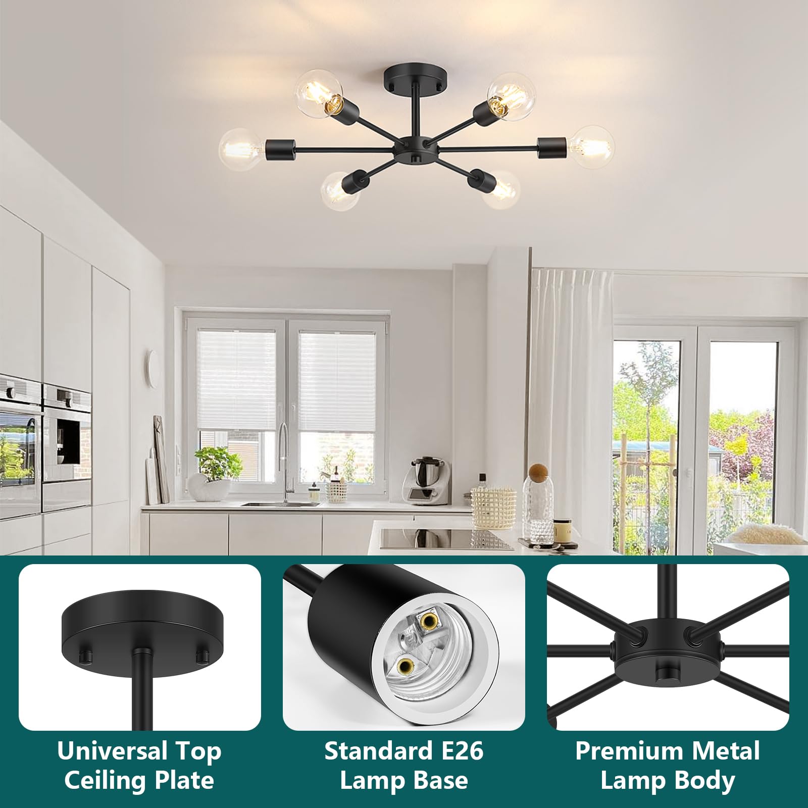 Lomoky 6-Light Semi Flush Mount Ceiling Light, Matte Black Sputnik Fixture For Home Décor