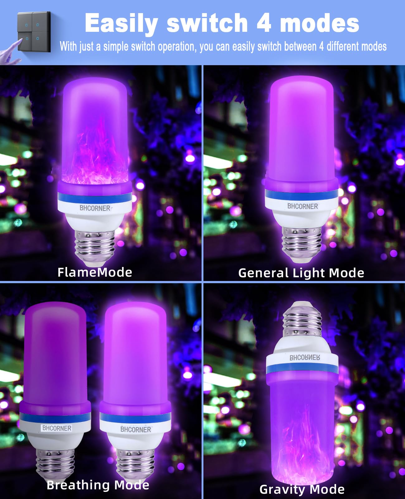 BHCORNER LED Purple Flame Light Bulbs - 3W Vintage E27 Base, Gravity Sensing, Halloween & Christmas, 2 Pack