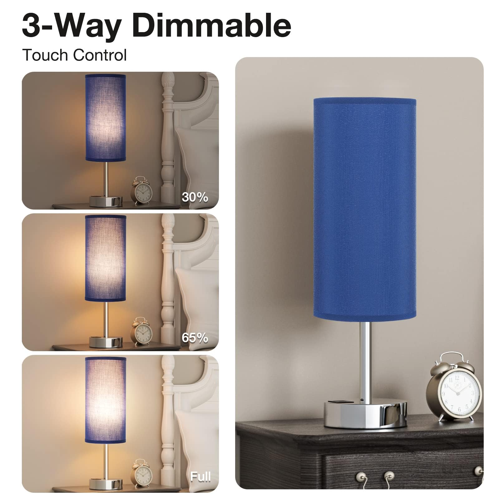 Navy Blue Touch Lamp For Boys - Small Nightstand Lamp With Usb-C And Usb Charging Ports, 3 Way Dimmable Bedside Table Lamp With