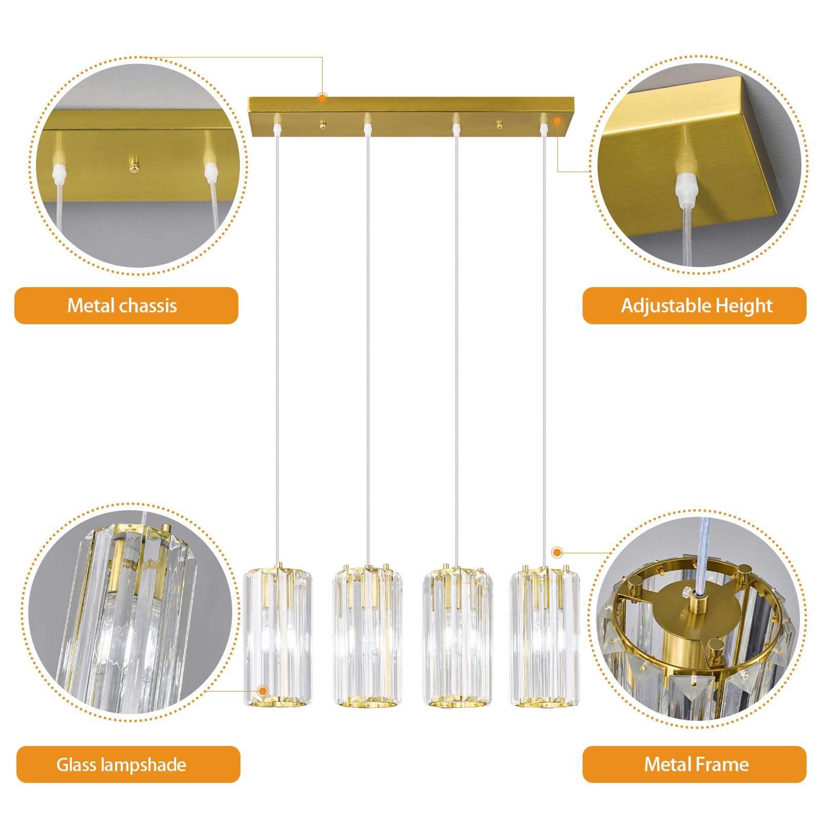 zhllmq Gold Pendant Light Fixture - Modern Mini Crystal Chandelier, Adjustable 4-Light for Kitchen Island, Dining Room, Bedroom
