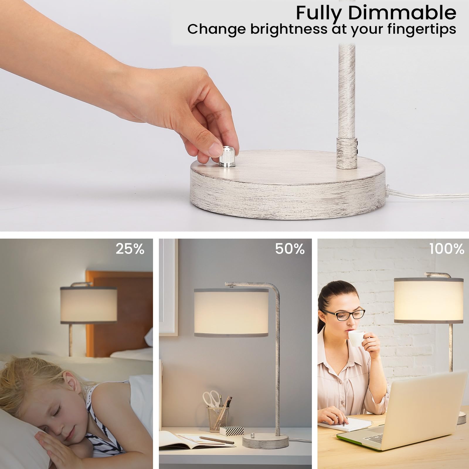 Table Lamp With Dual Usb Charging Ports, Fully Dimmable Farmhouse Bedside Lamp, Usb Nightstand Lamp With Brushed White Oak, Tall