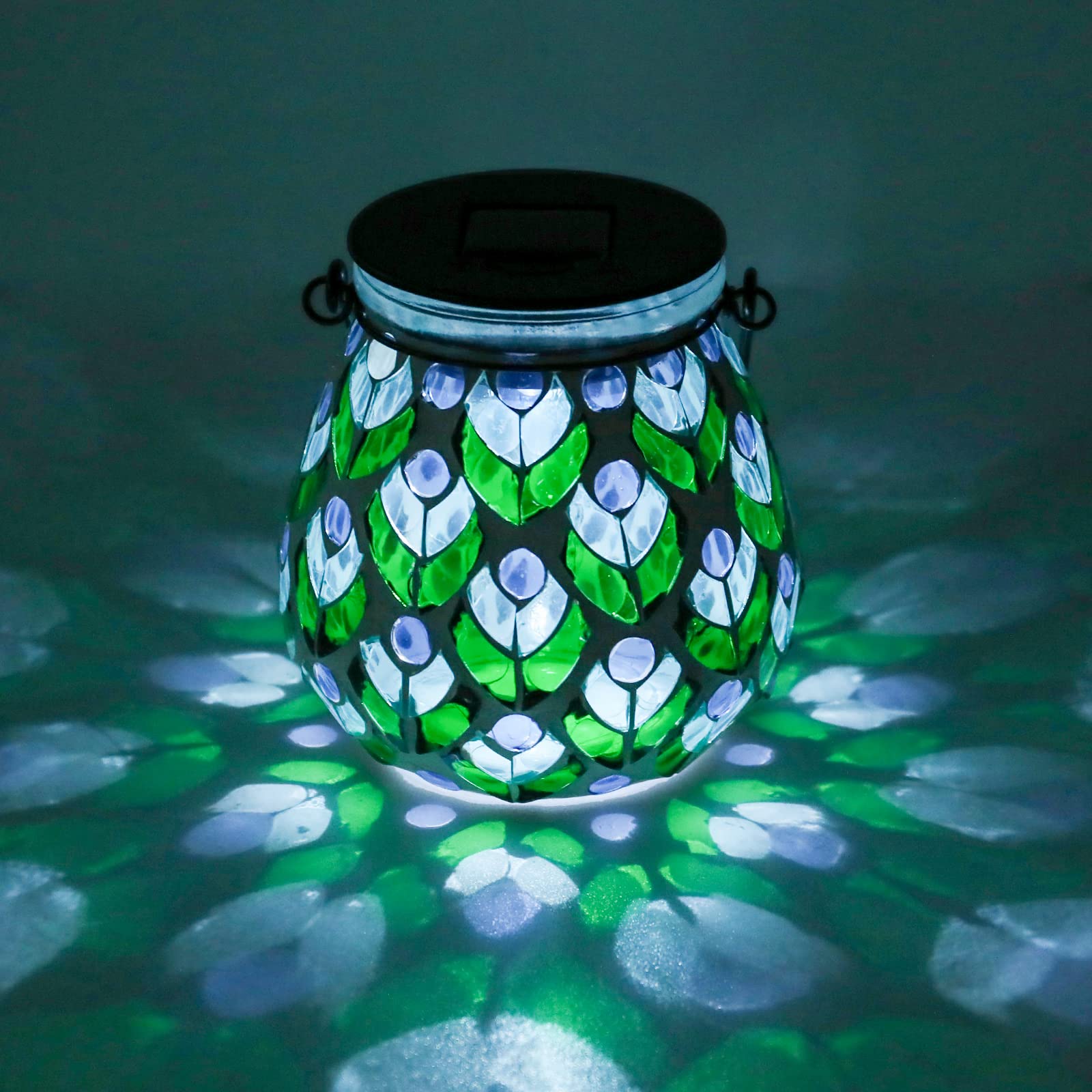 Afirst Mosaic Solar Lantern - Glass Hanging Waterproof Table Lamp for Garden, Patio, Holiday; Peacock Color, Model 4431880