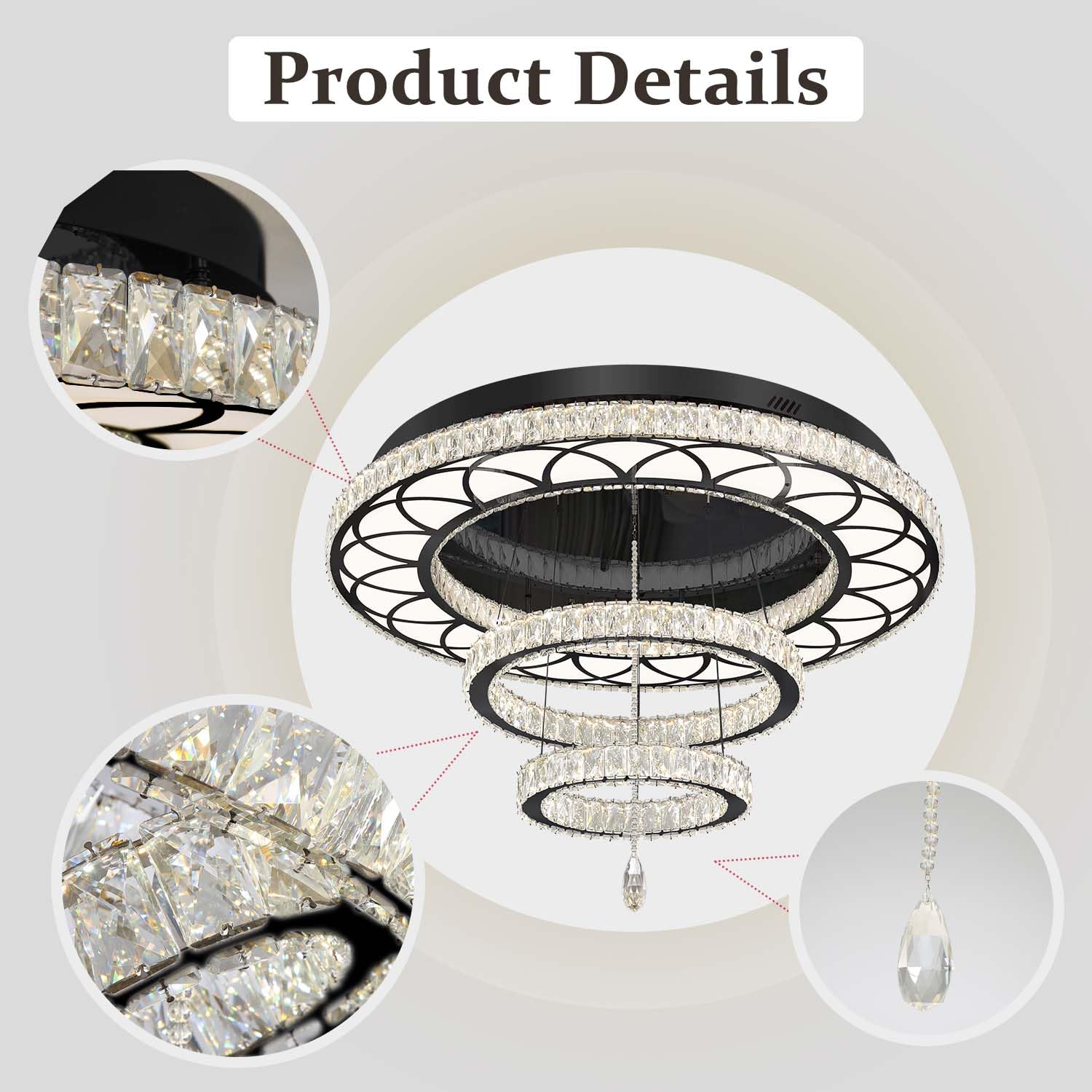 Flashing God 40" Modern Black Chandelier LED Flush Mount Light Fixture, Dimmable, for Living Room, Bedroom, Dining Room, Foyer, Model MMQ0268-100-H