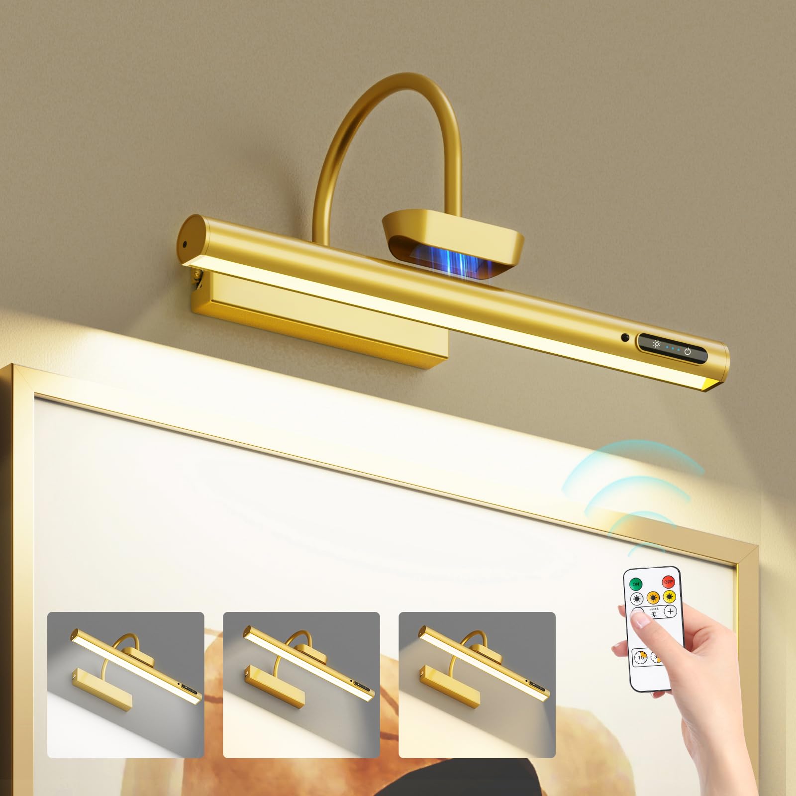 Bridika Picture Light Battery Operated, 19.7In Picture Lights For Wall, 3 Colors & Brightness Dimmable, Rechargeable Art Light F