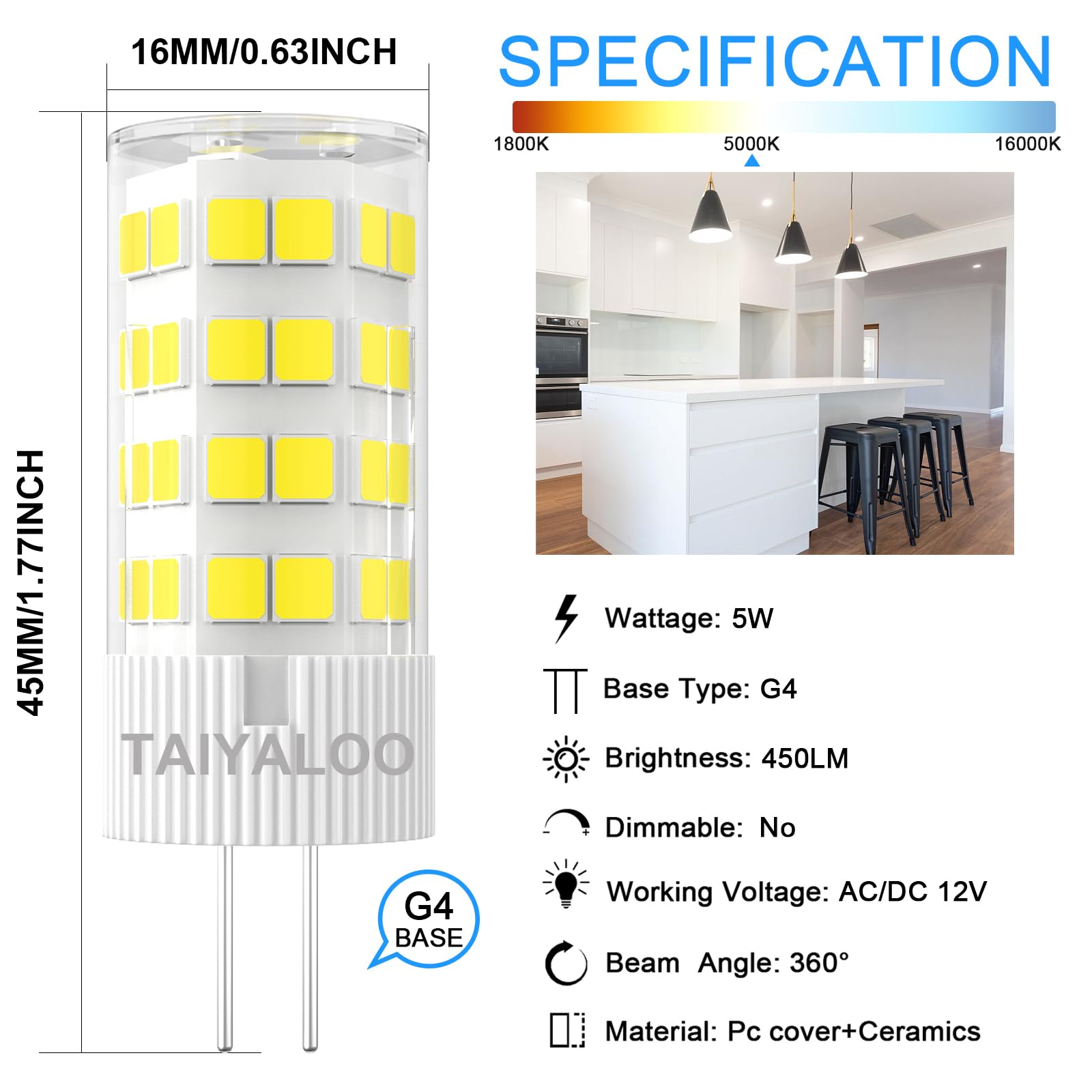 Taiyaloo G4 Led Bulb 5W 5000K Daylight White Bi-Pin T3 Jc Type 12V Ac/Dc 40W Halogen Equivalent Non-Dimmable For Outdoor Landsca