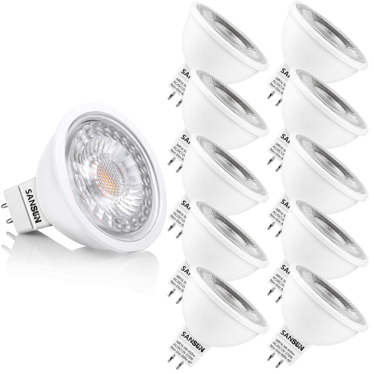 SANSUN MR16 LED Landscape Light Bulbs, 12V, Warm White 2700K, GU5.3 Base, 10 Count, Aluminum