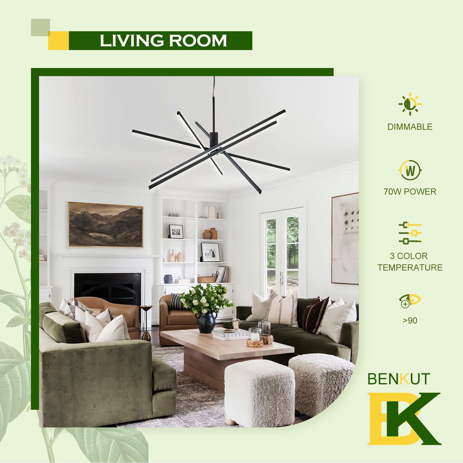 Benkut Gold LED Chandelier Dimmable Modern Pendant Light Fixture 35 Remote Control 60W 3000K-6500K for Dining Room, Living Room,